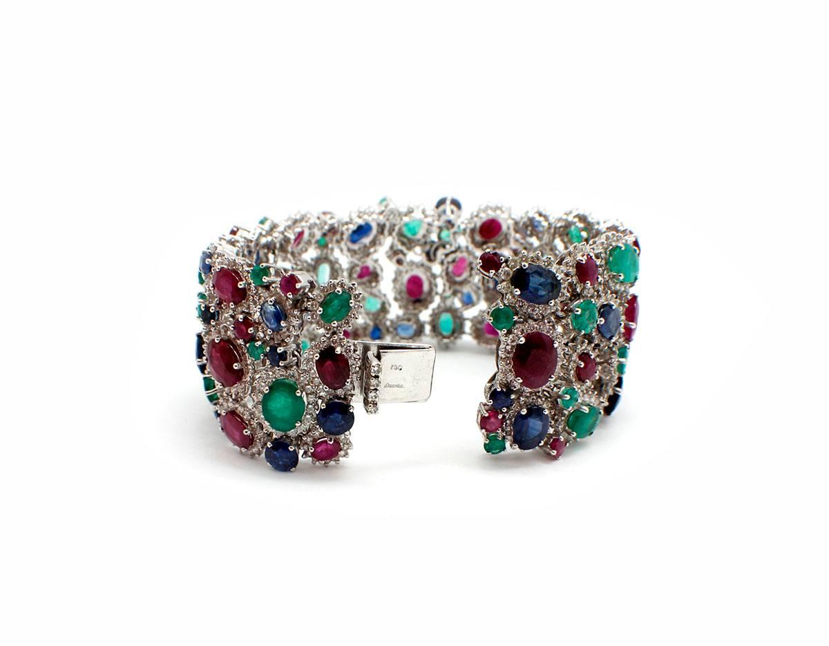 18 Karat White Gold Diamond Ruby Sapphire Emerald Wide Bracelet In Excellent Condition In Scottsdale, AZ