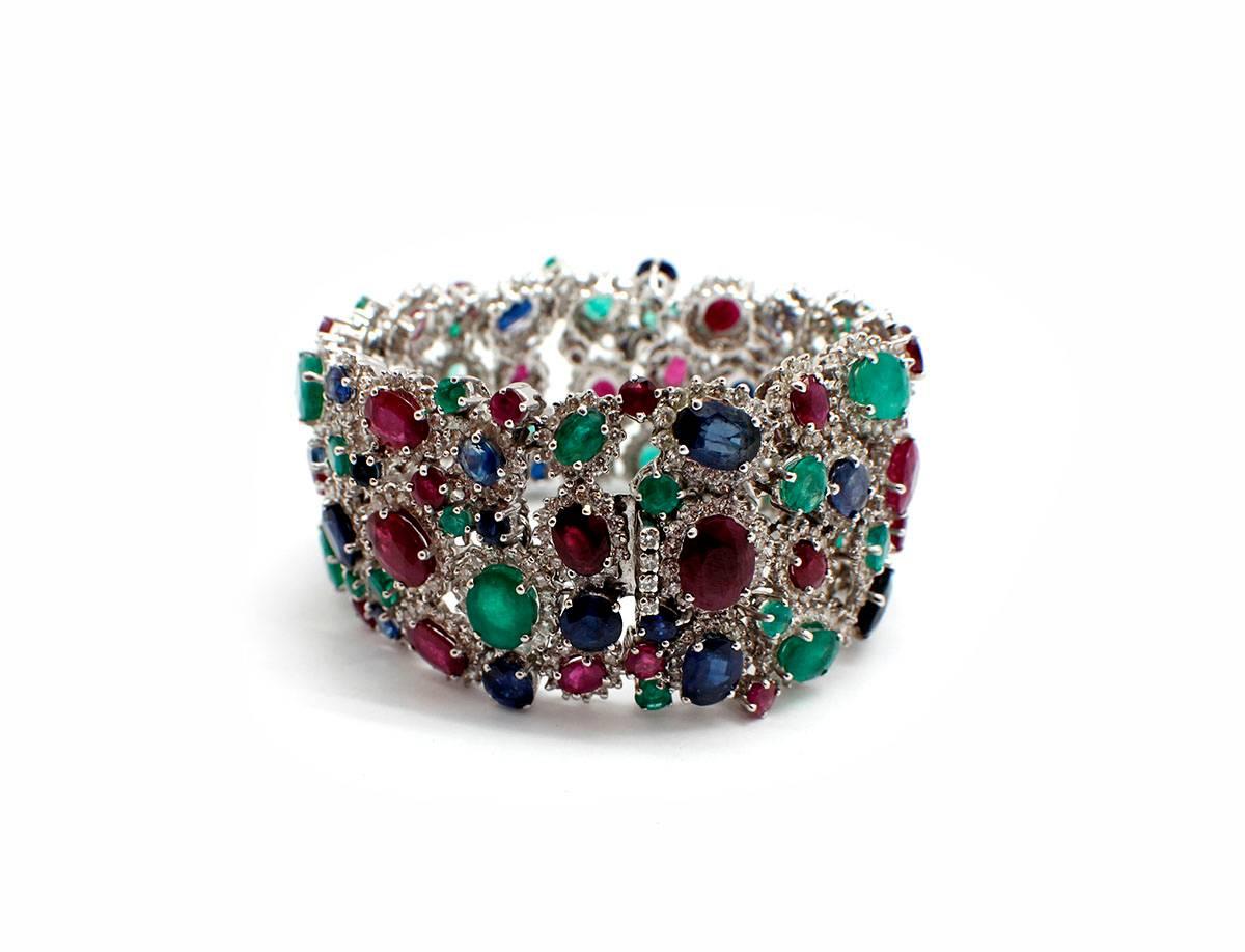 Modern 18 Karat White Gold Diamond Ruby Sapphire Emerald Wide Bracelet