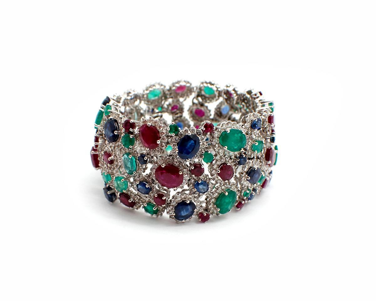 Women's or Men's 18 Karat White Gold Diamond Ruby Sapphire Emerald Wide Bracelet