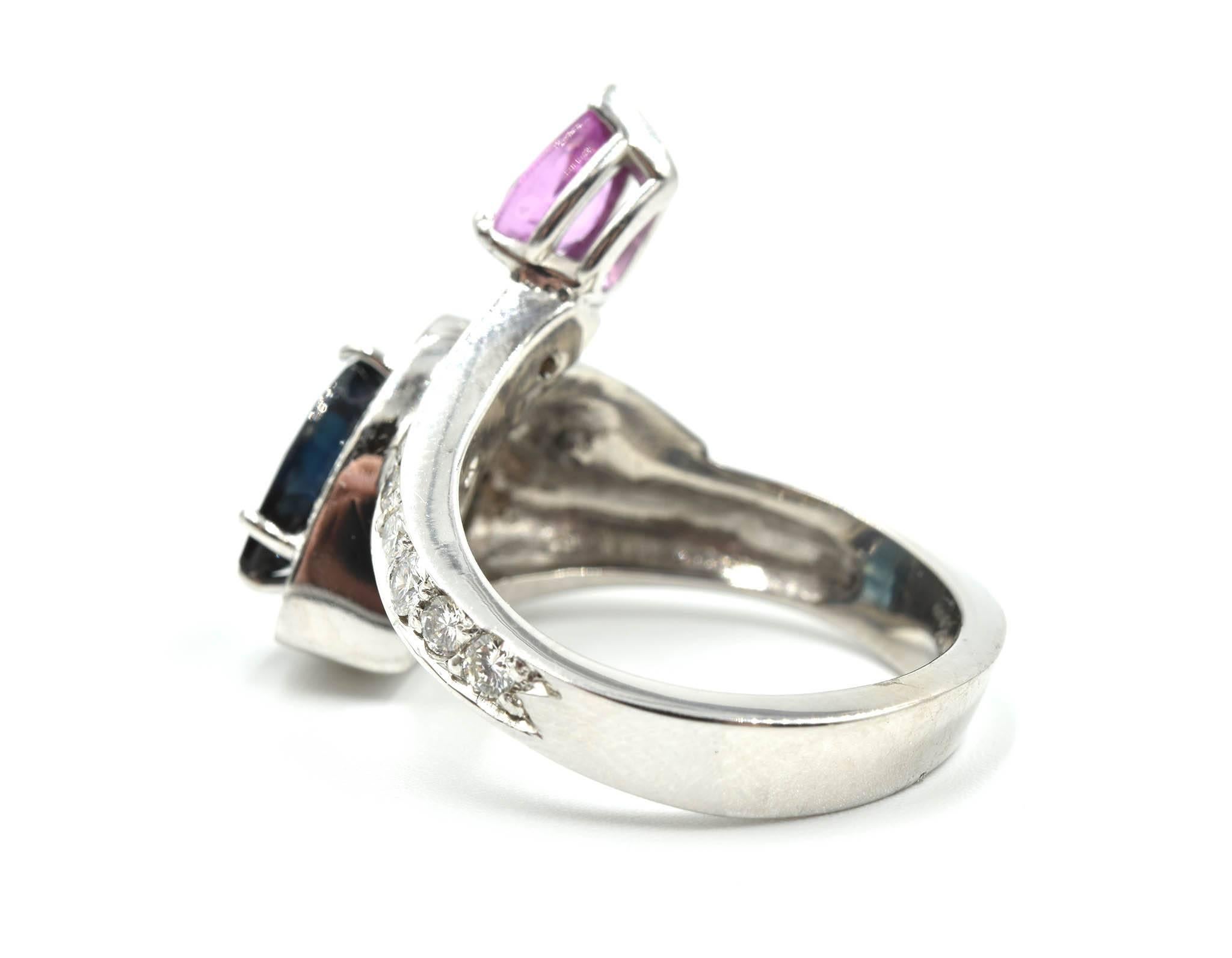White Gold Pear Cut Blue and Pink Sapphire with Diamond Mount Cocktail Ring In Excellent Condition In Scottsdale, AZ