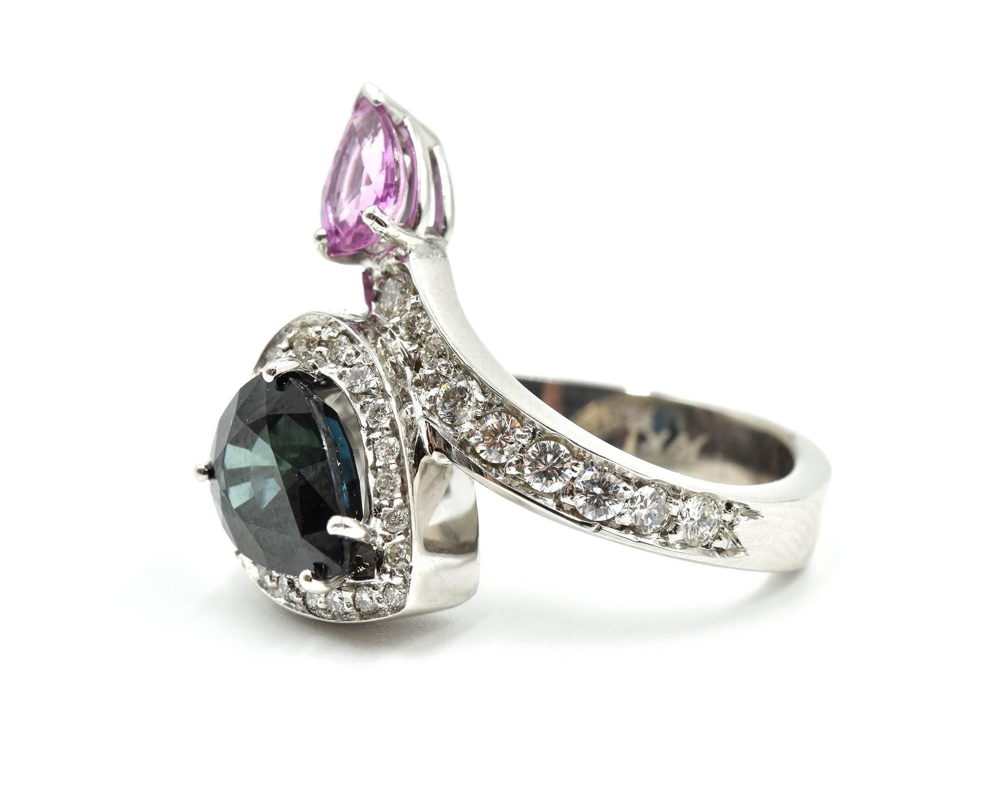 Modern White Gold Pear Cut Blue and Pink Sapphire with Diamond Mount Cocktail Ring