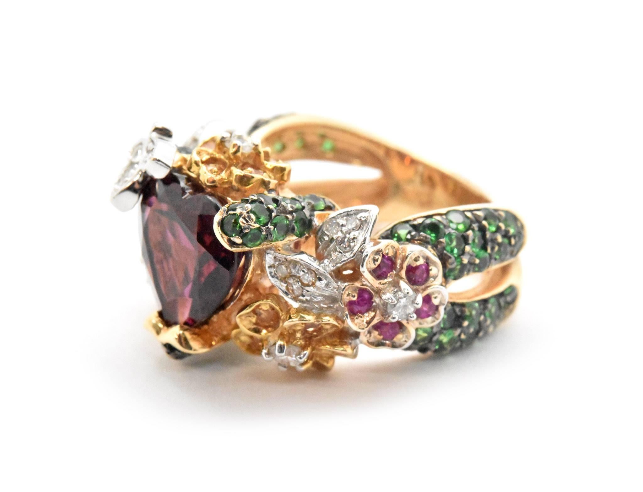 Modern Red Garnet Two-Tone Cocktail Ring with Diamonds, Tsavorites and Sapphires
