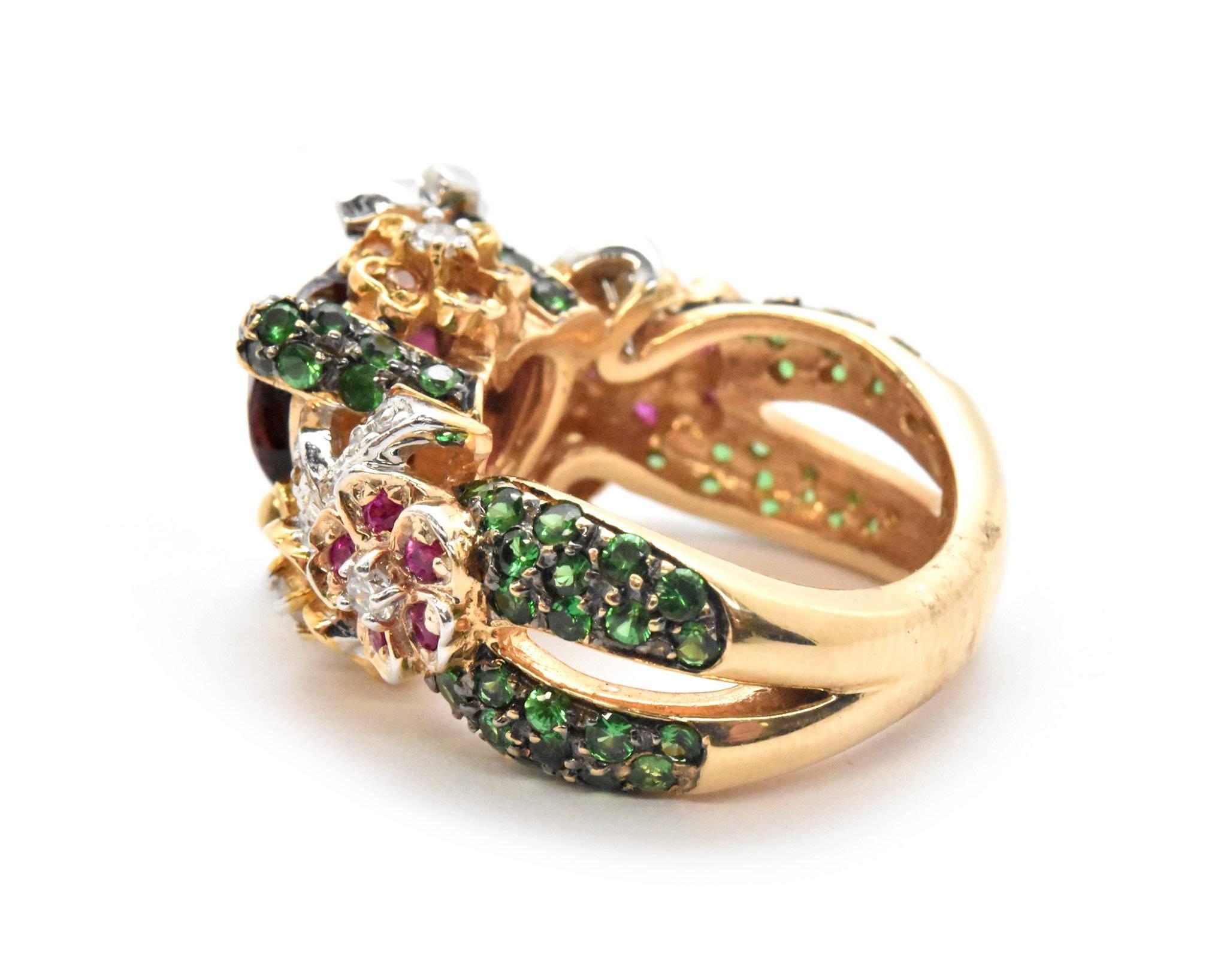 Trillion Cut Red Garnet Two-Tone Cocktail Ring with Diamonds, Tsavorites and Sapphires
