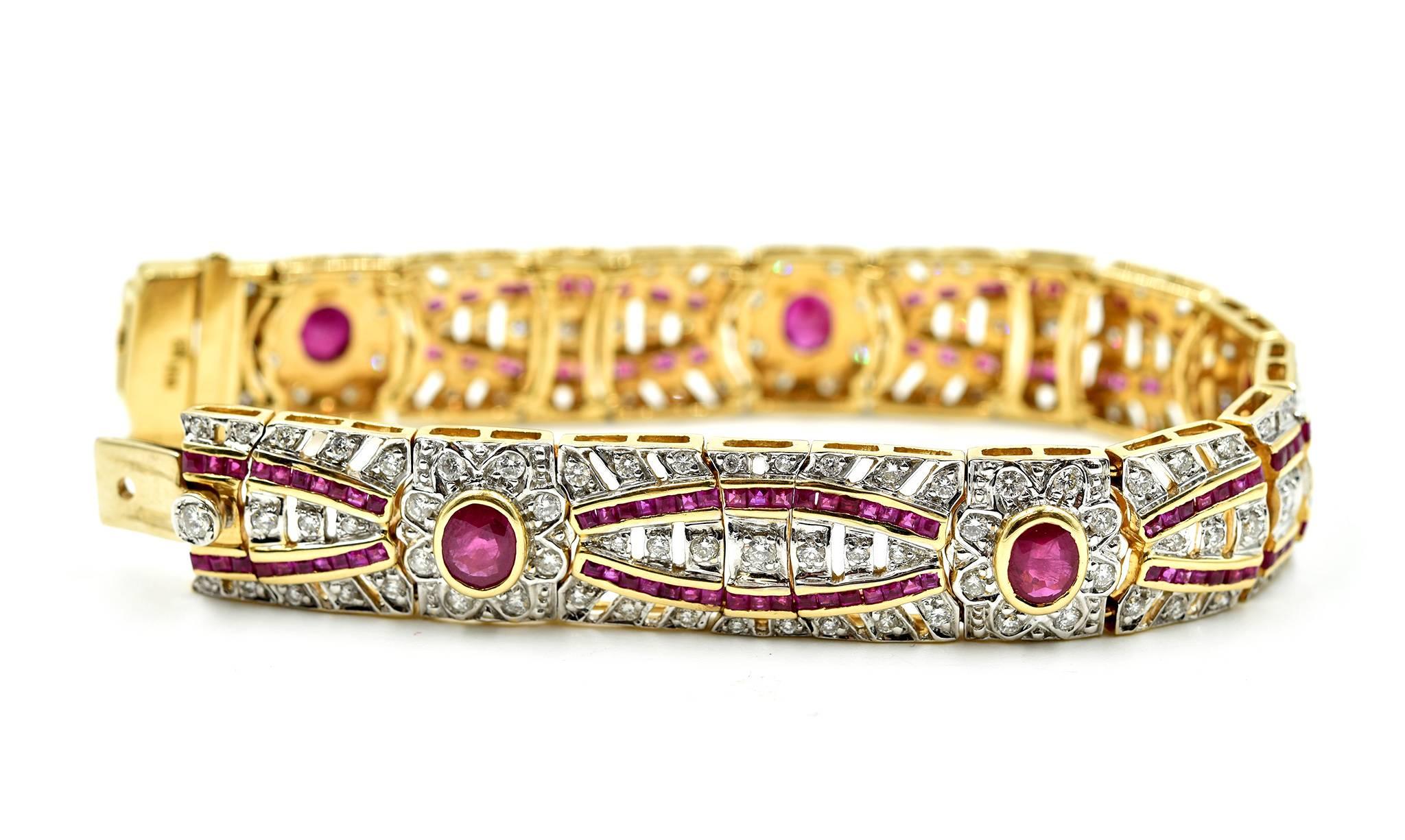 Yellow Gold, 3.10 Carat Diamond and 9.75 Carat Ruby Bracelet In Excellent Condition In Scottsdale, AZ