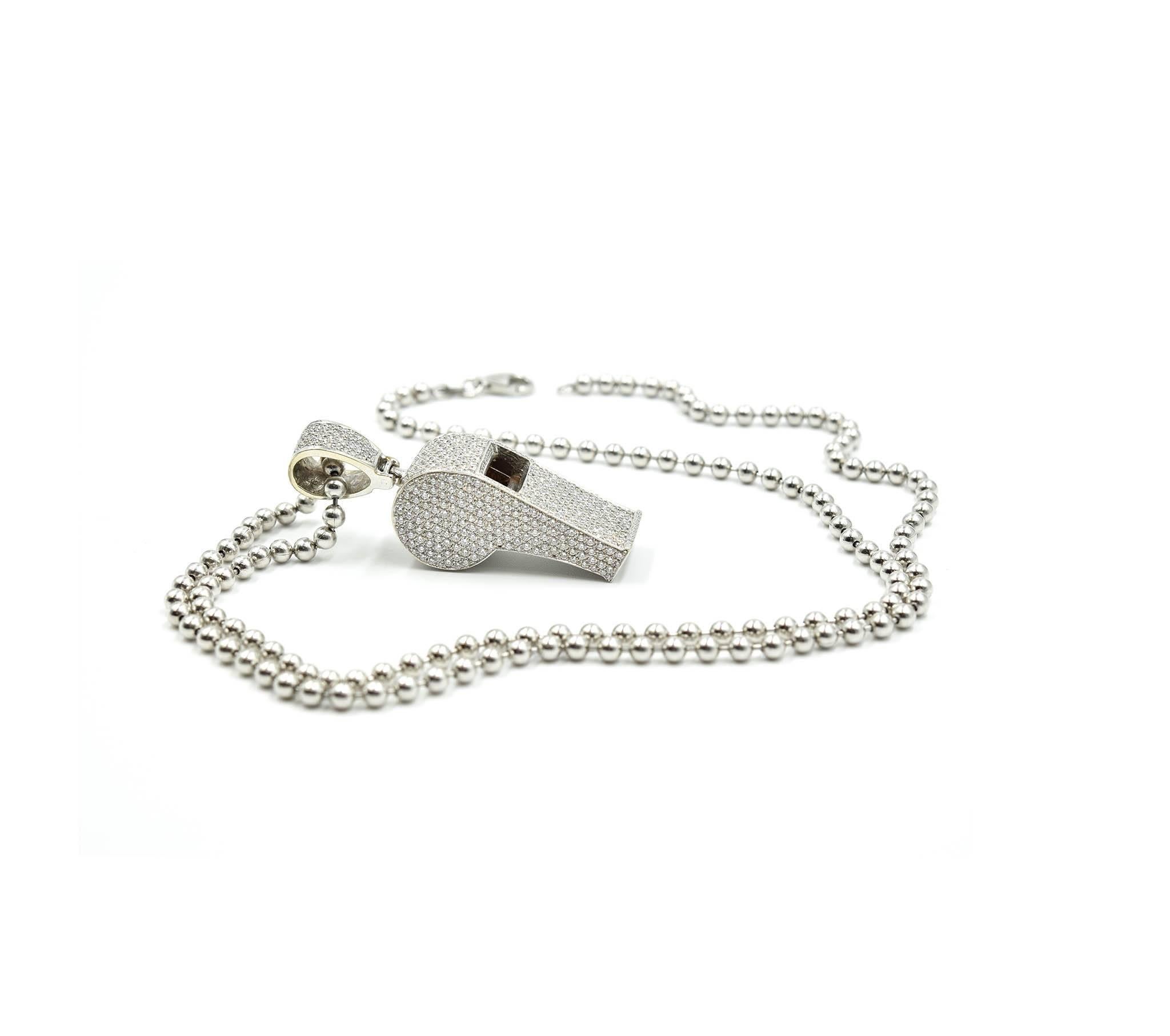 White Gold, 13.50 Carat Pave Diamond Set Whistle on White Gold Beaded Chain 1