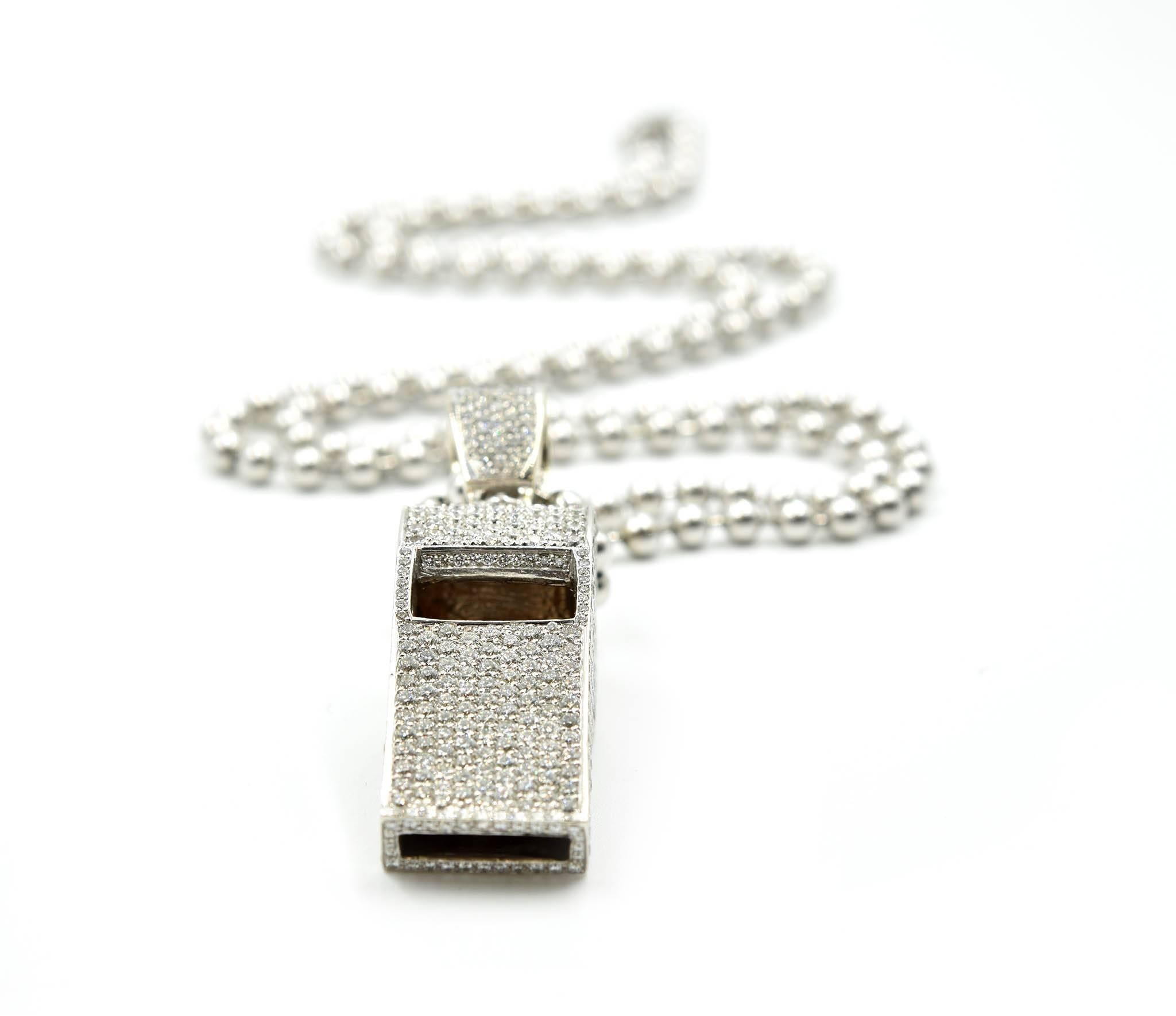 White Gold, 13.50 Carat Pave Diamond Set Whistle on White Gold Beaded Chain In New Condition In Scottsdale, AZ