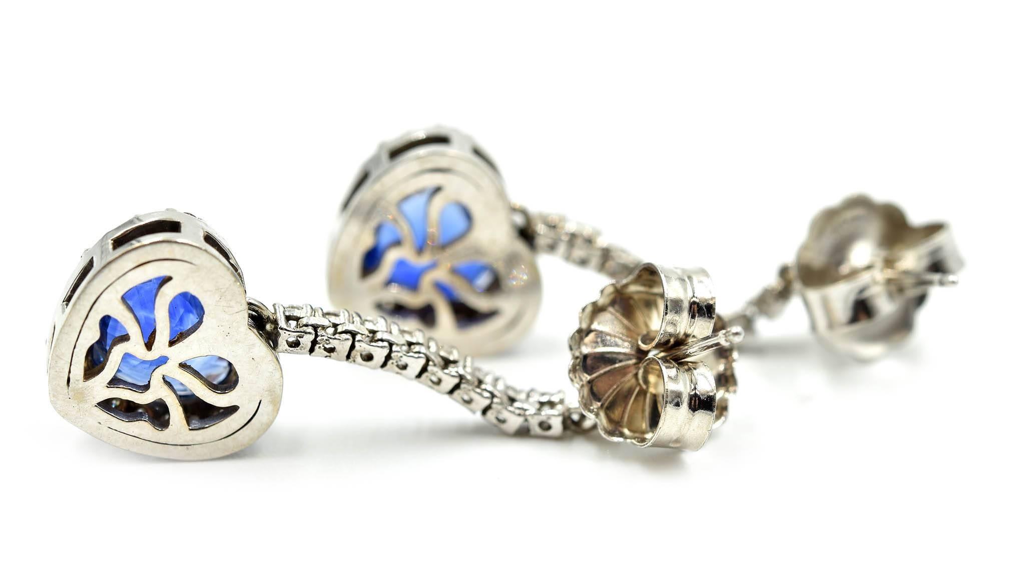 Women's or Men's 14 Karat White Gold, Diamond and GIA Heart-Cut Sapphire Dangle Earrings