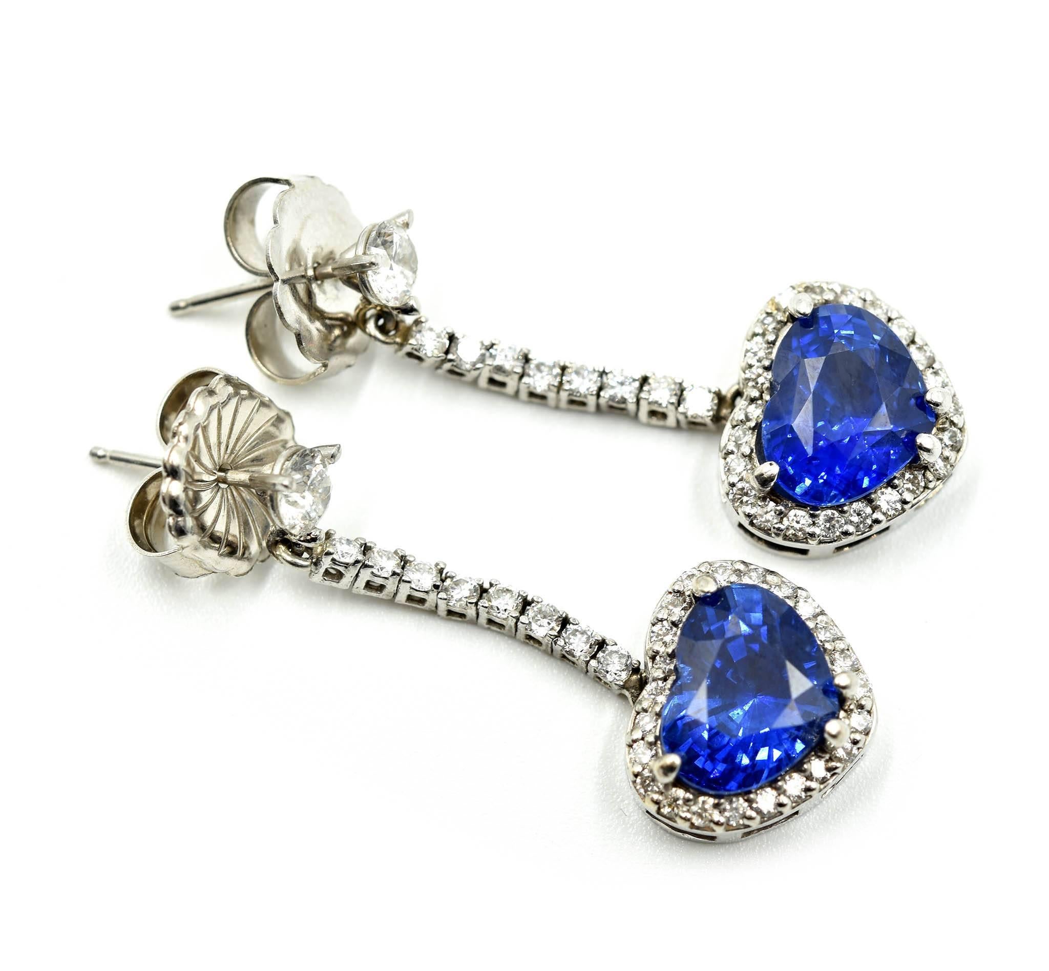 Modern 14 Karat White Gold, Diamond and GIA Heart-Cut Sapphire Dangle Earrings