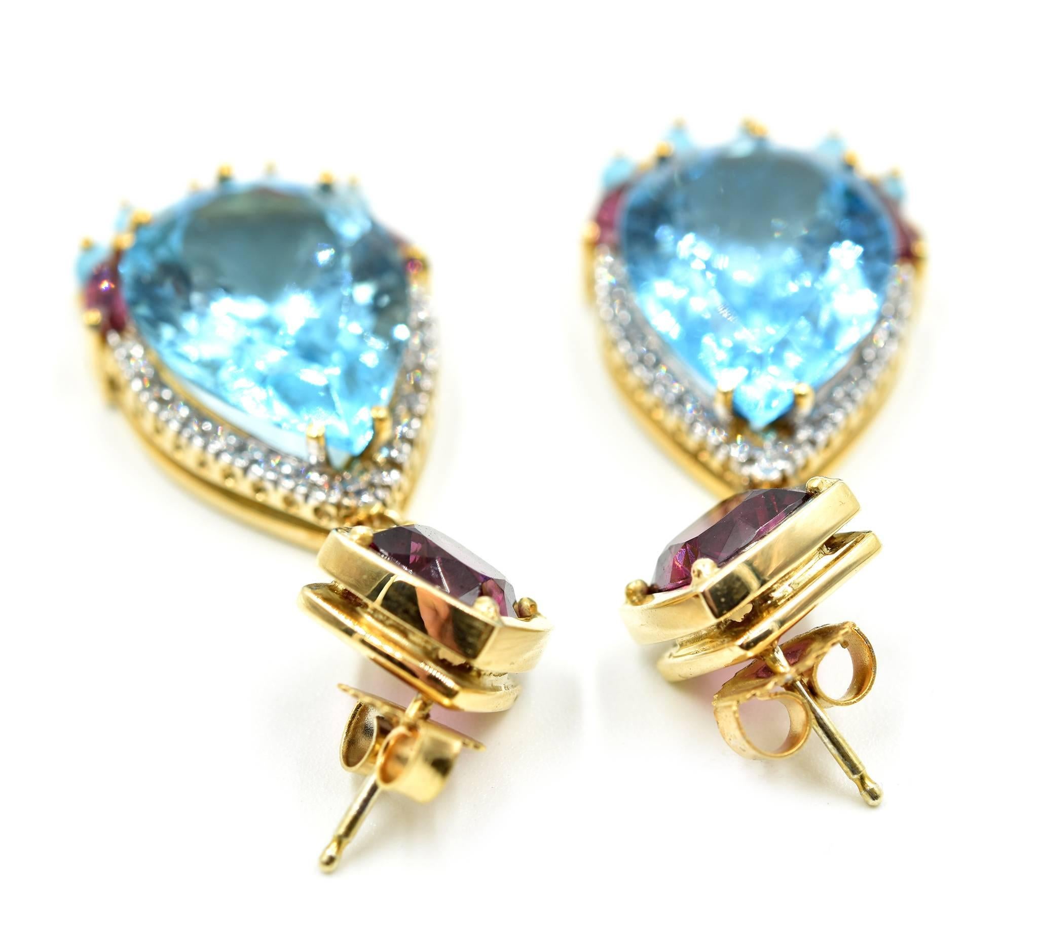 Pear Cut Diamond, Pink Tourmaline, Turquois and Blue Topaz Earrings