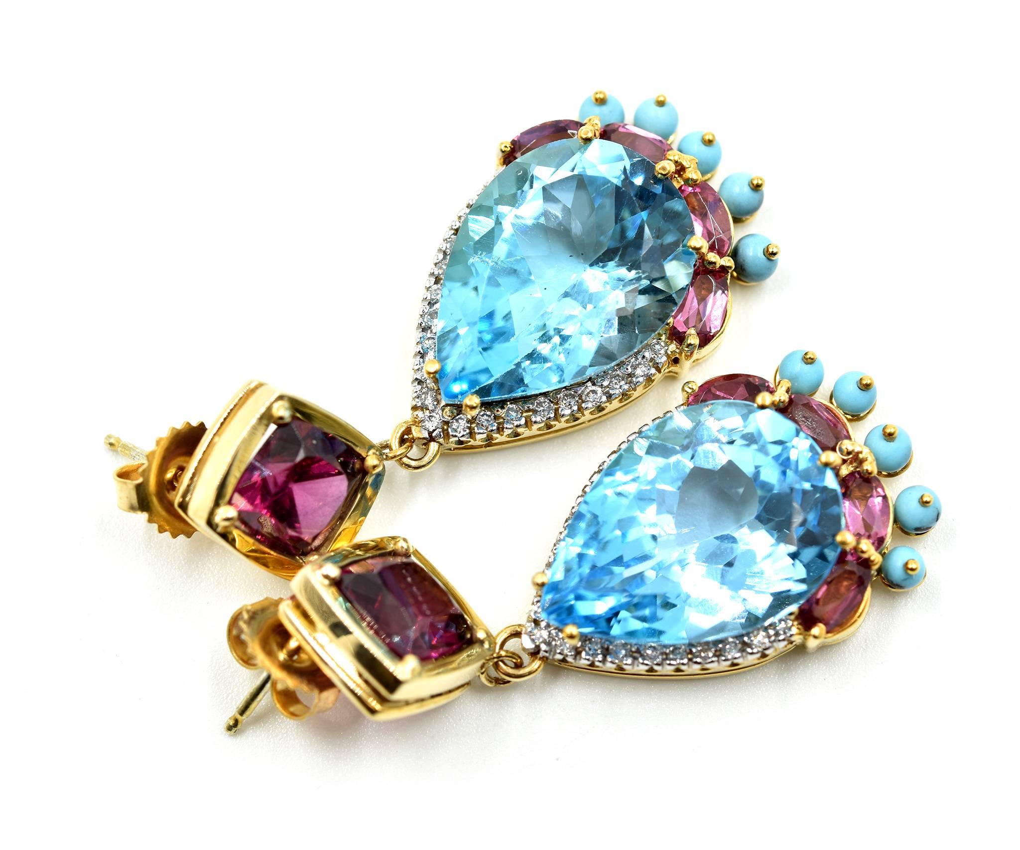 Modern Diamond, Pink Tourmaline, Turquois and Blue Topaz Earrings