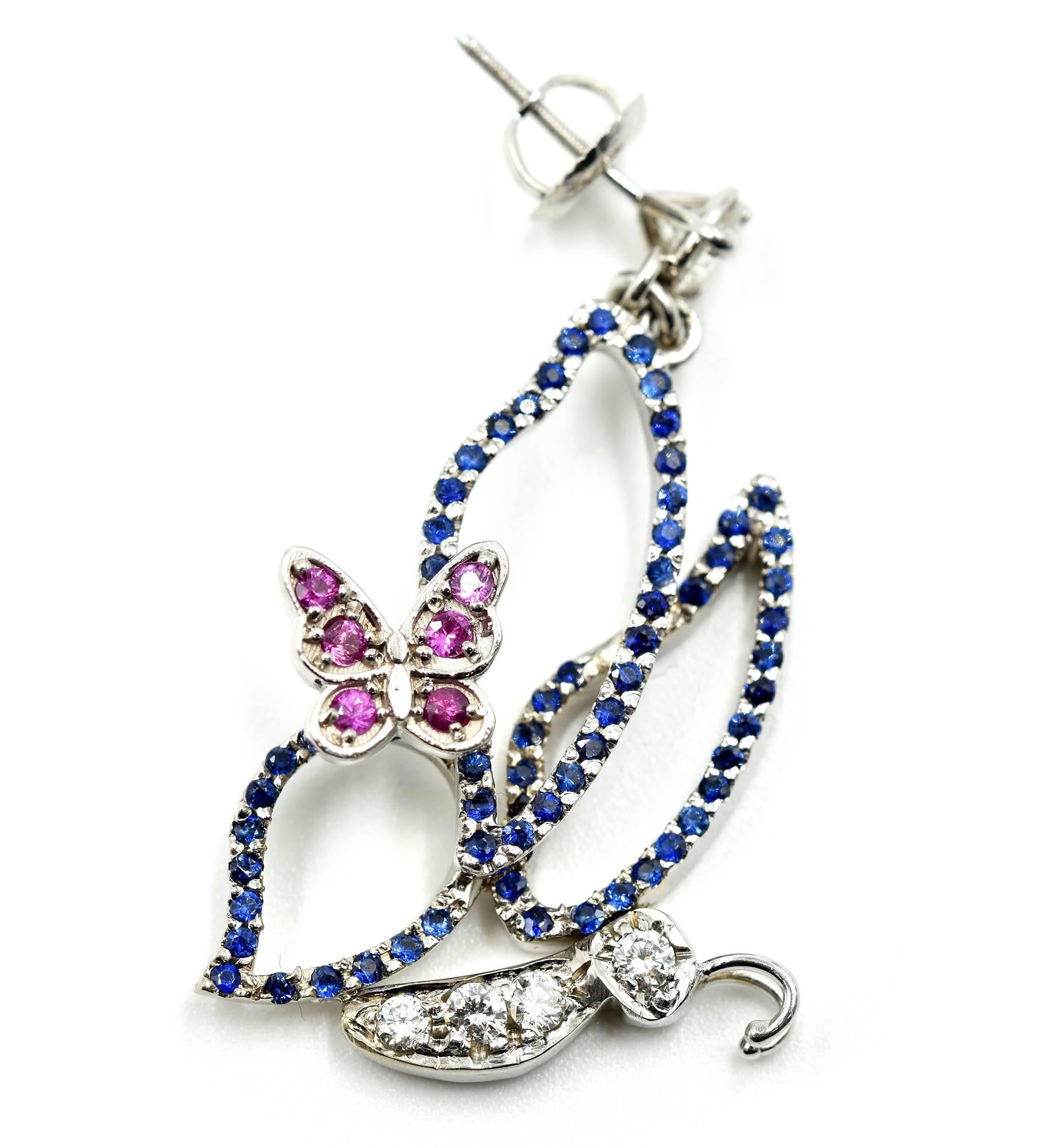 Round Cut Blue and Pink Sapphire Butterfly Earrings with Diamonds
