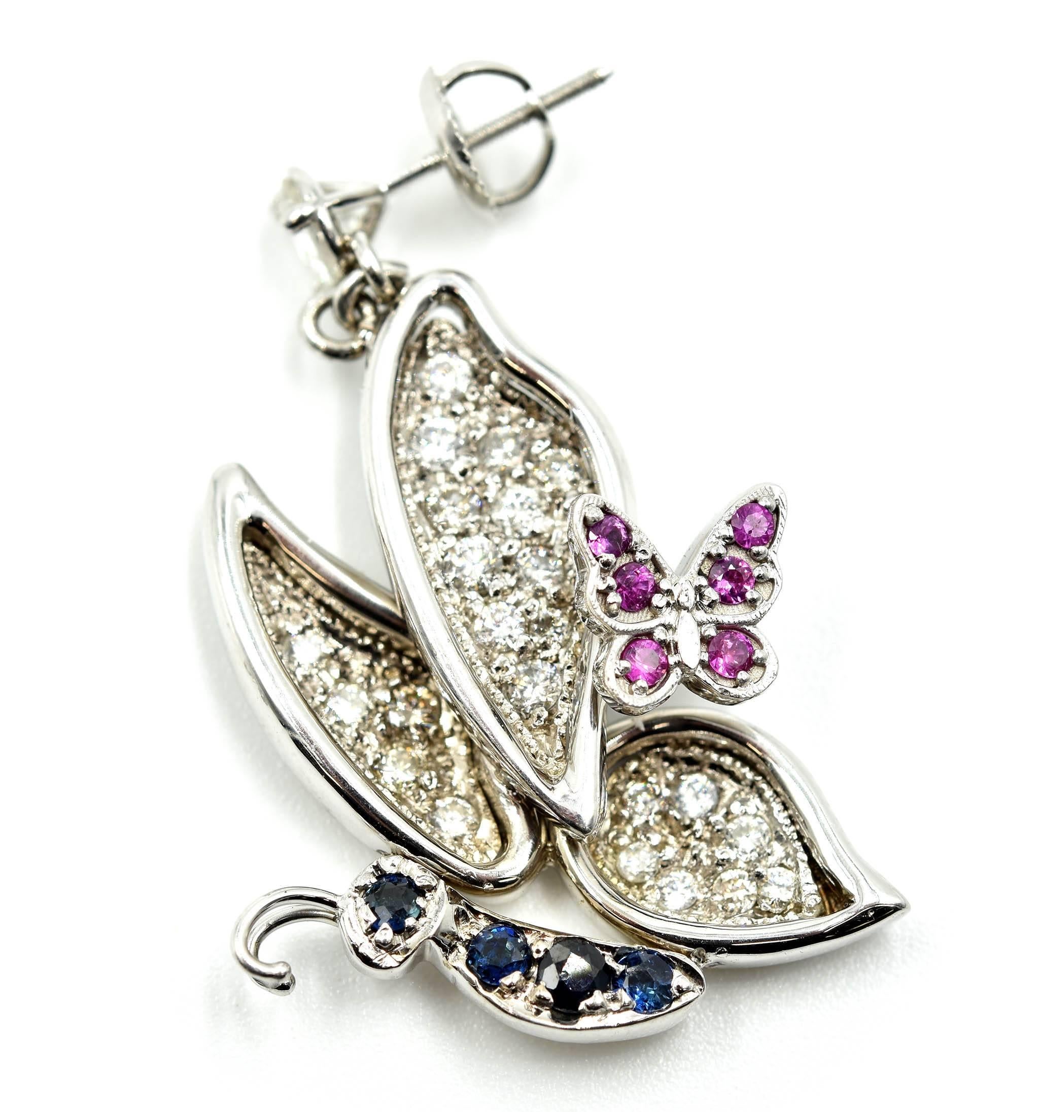 Modern Blue and Pink Sapphire Butterfly Earrings with Diamonds