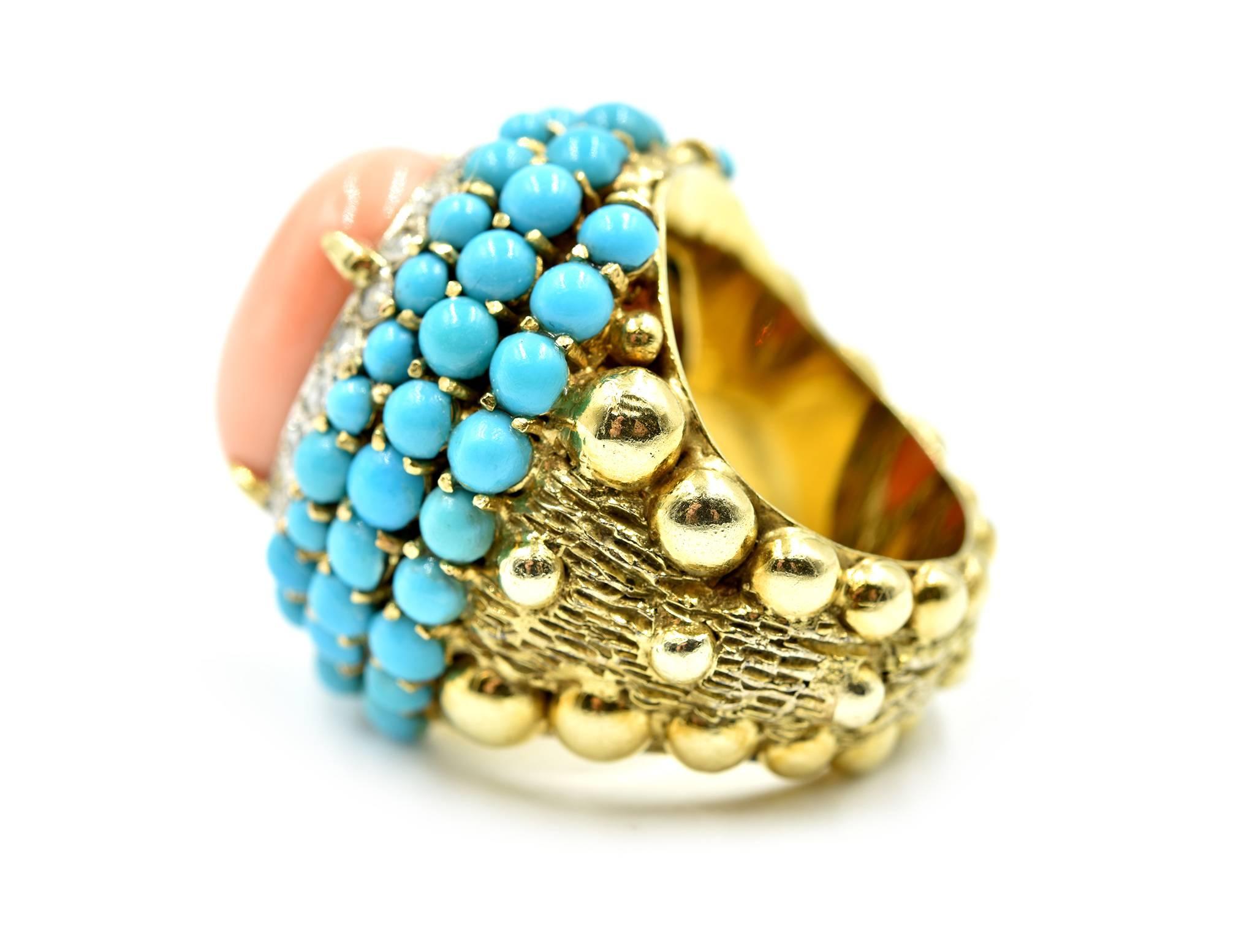 Women's Diamond, Turquoise and Red Coral Cocktail Ring