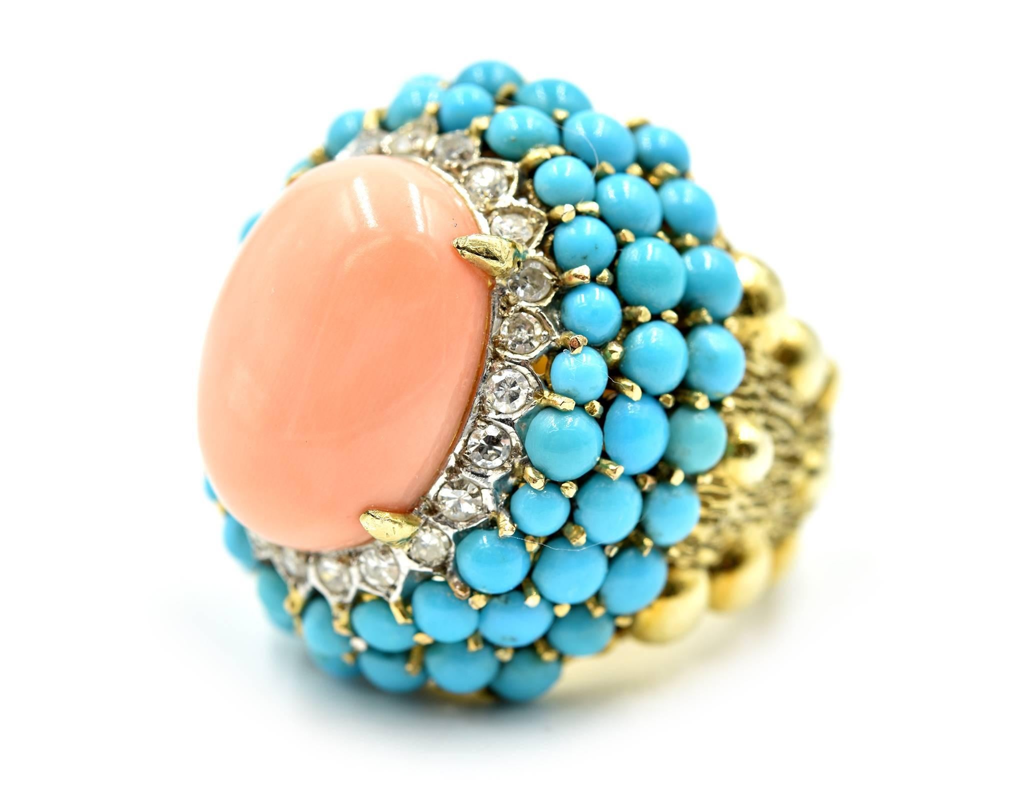 Diamond, Turquoise and Red Coral Cocktail Ring In Excellent Condition In Scottsdale, AZ