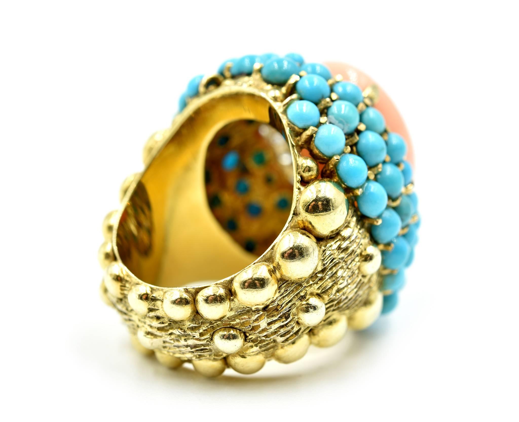 Diamond, Turquoise and Red Coral Cocktail Ring 1