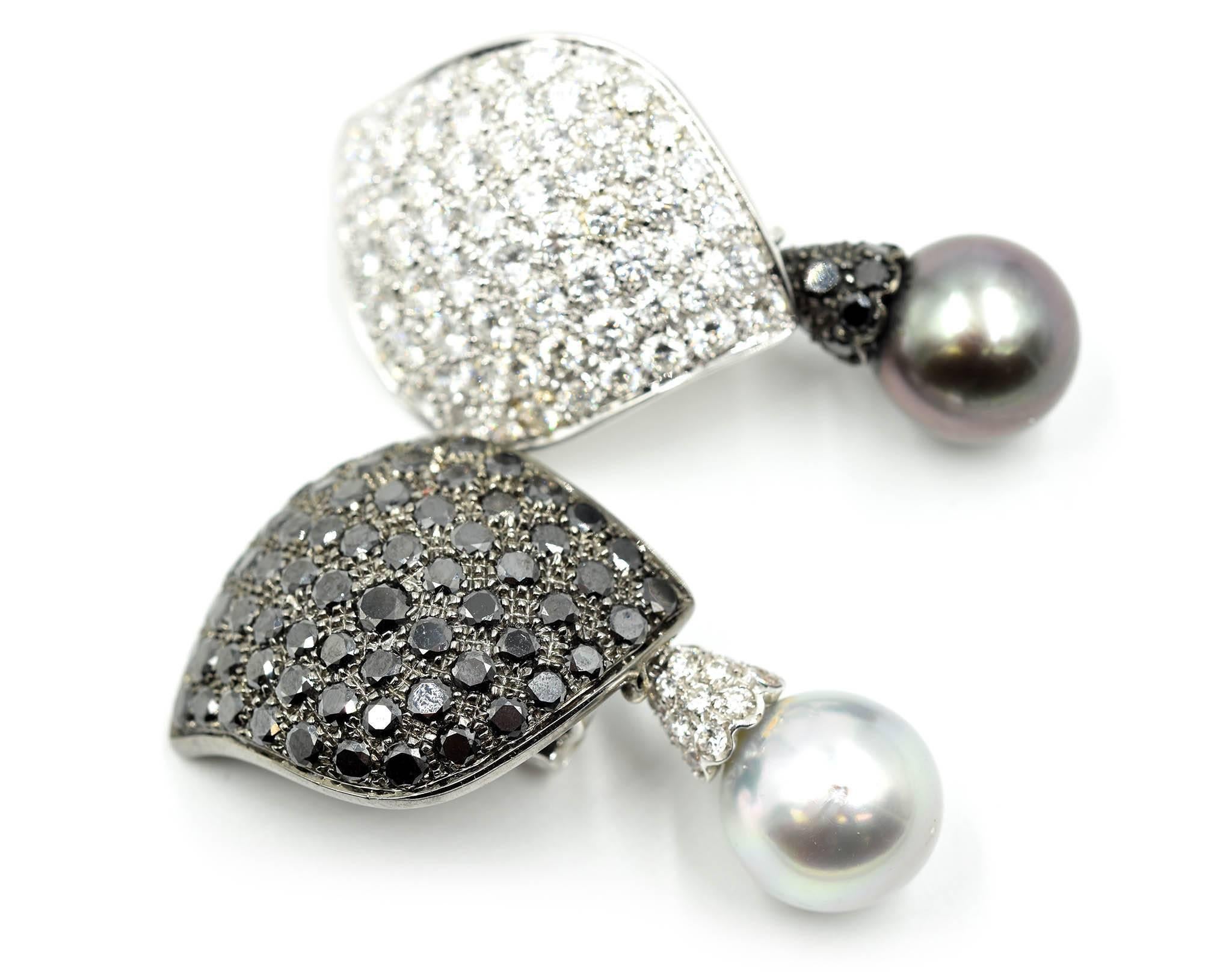 Round Cut Black and White Diamond with Dangling Cultured Pearls 18k White Gold Earrings