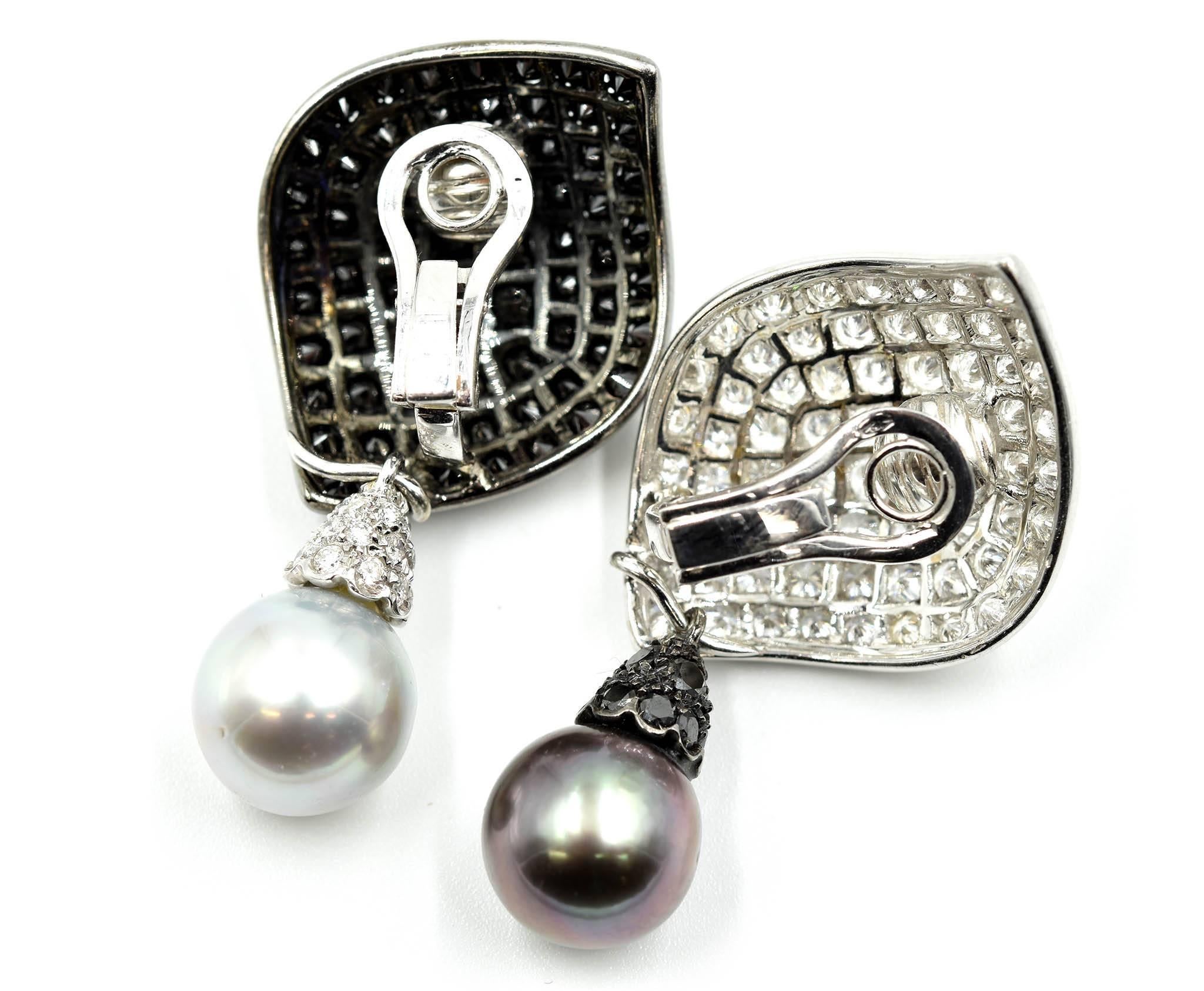 Women's Black and White Diamond with Dangling Cultured Pearls 18k White Gold Earrings