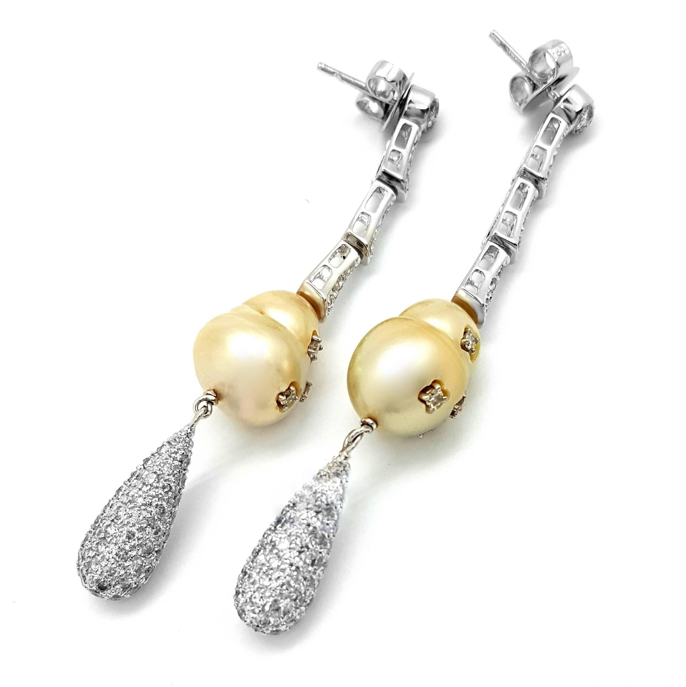 Modern Golden South Sea Pearl and Diamond Dangle Earrings