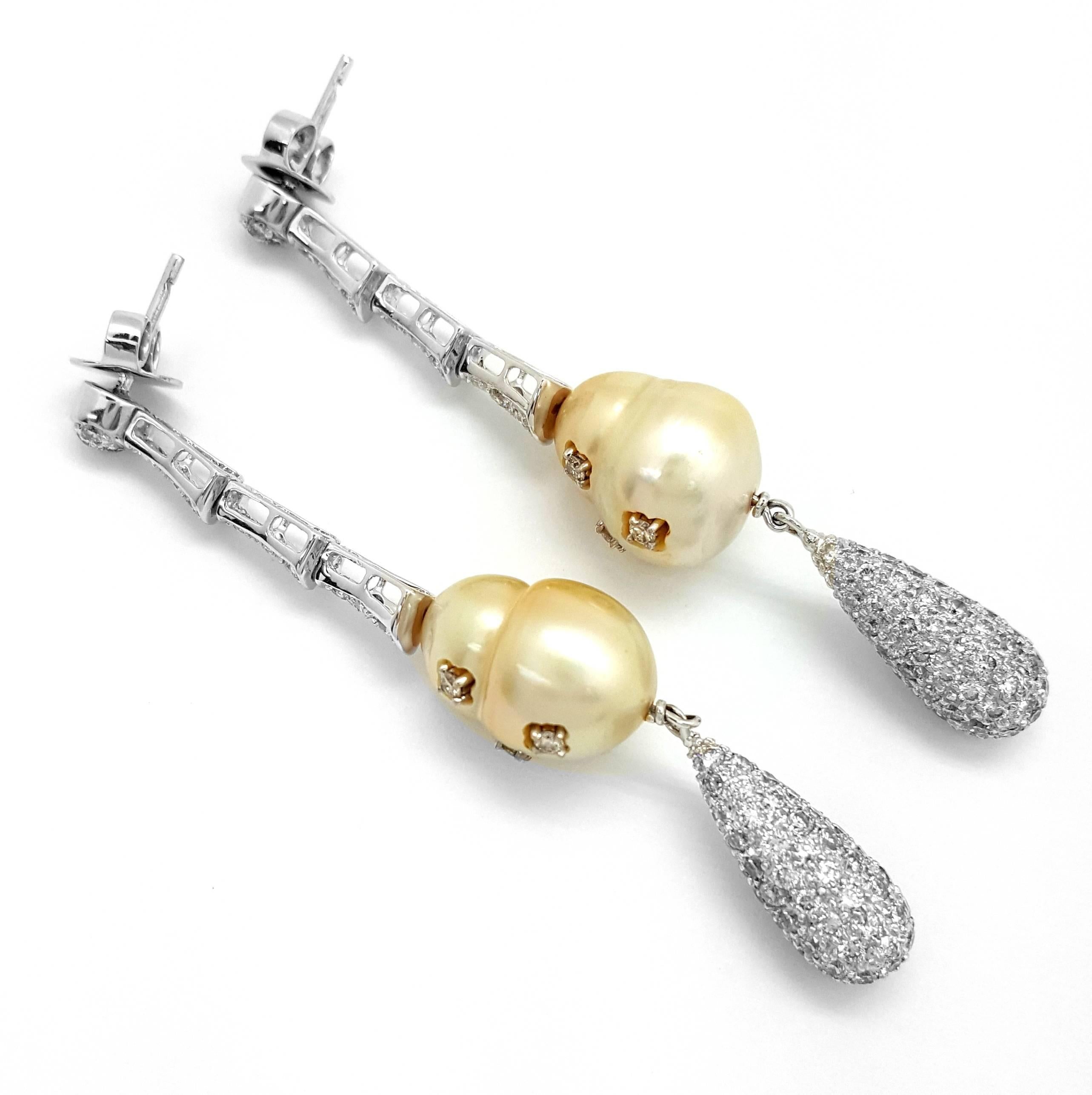 Round Cut Golden South Sea Pearl and Diamond Dangle Earrings