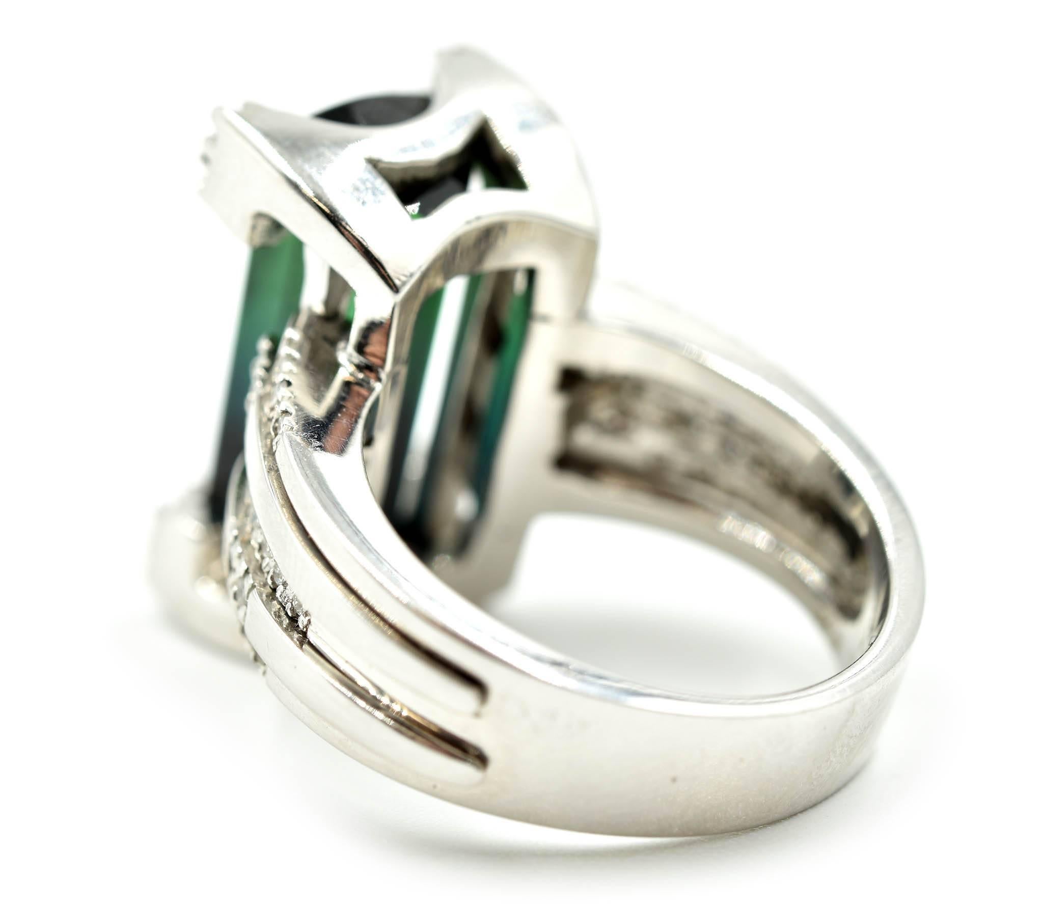 Emerald Cut Green Tourmaline and Diamond Cocktail Ring
