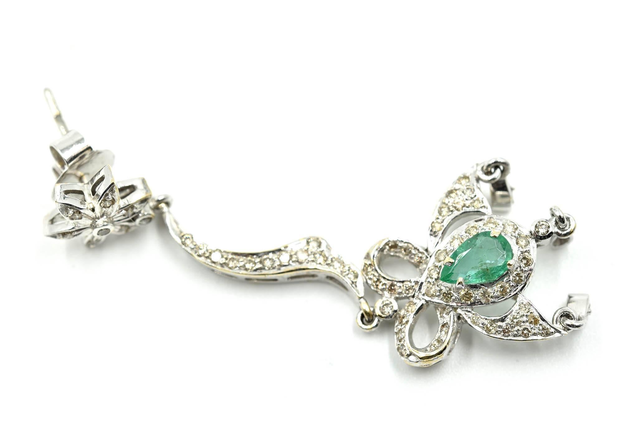 Pear Cut Diamond and Emerald Dangle Earrings