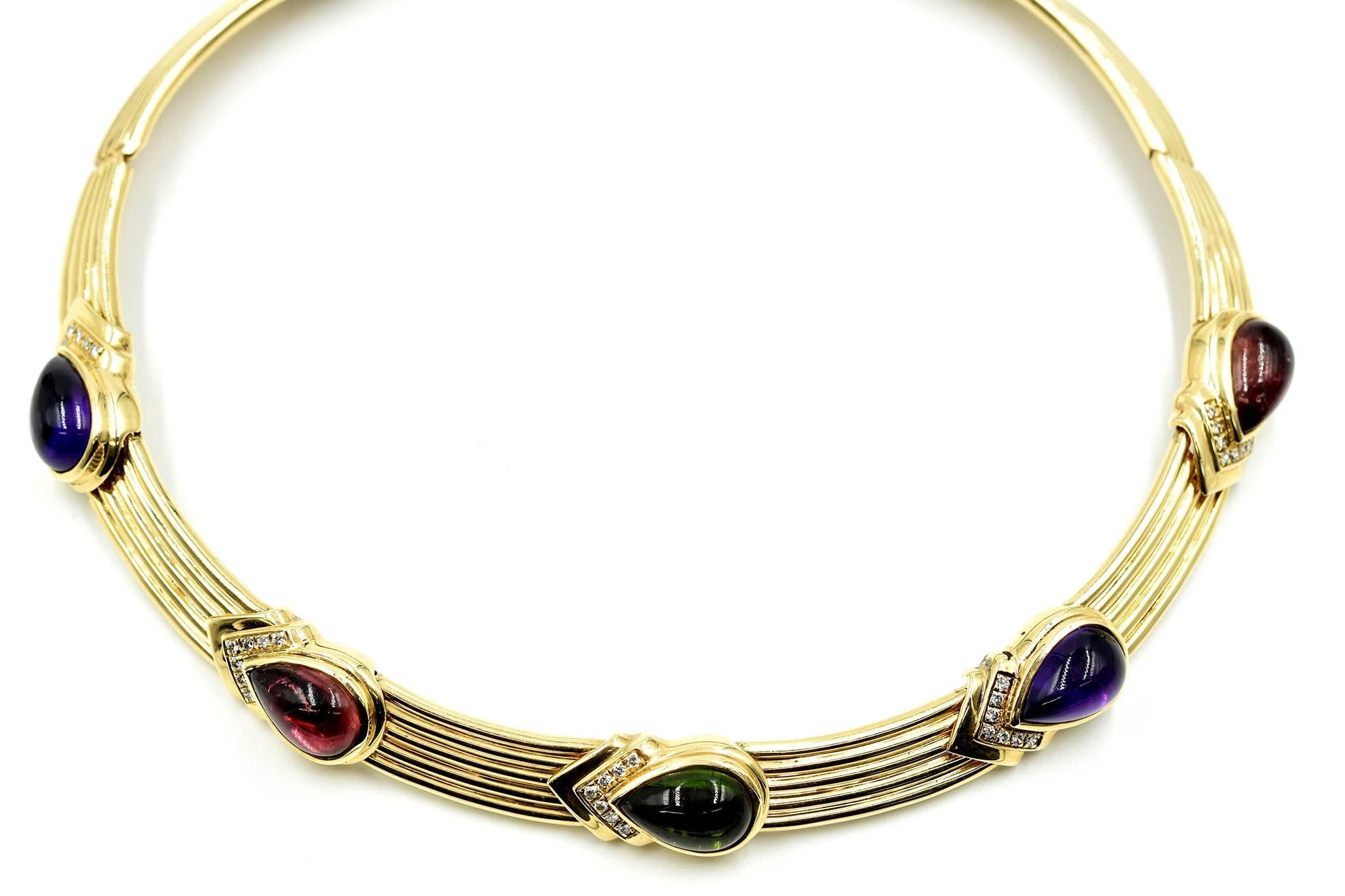 Pear Cut 14k Yellow Gold with Diamond and Gemstone Collar Necklace