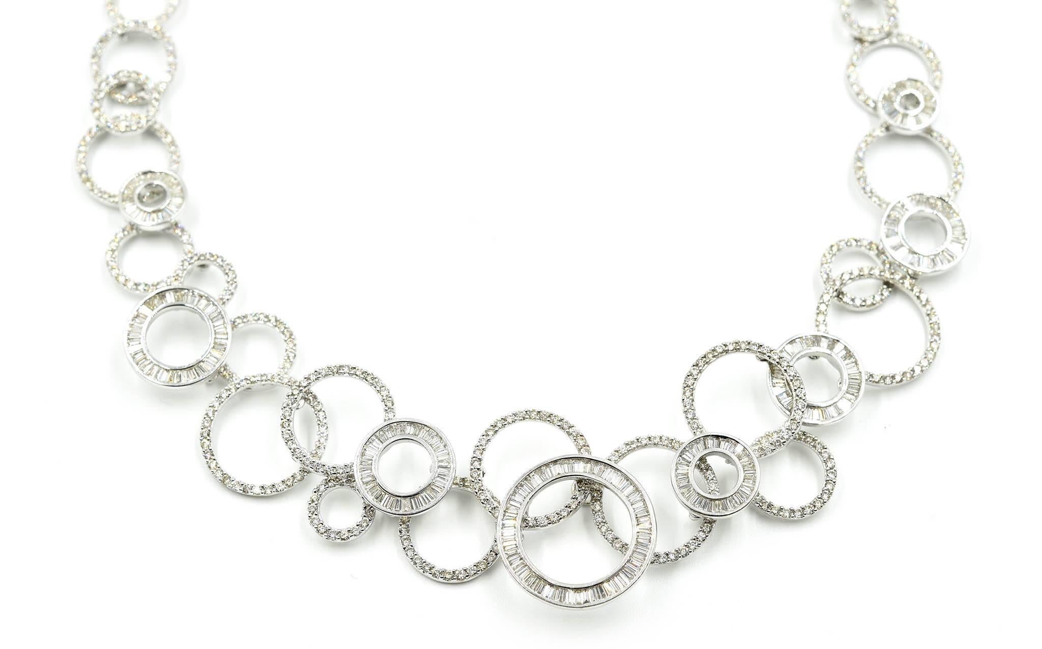 Round Cut 18k White Gold, 13.44cttw Round and Baguette Diamond Circle Link Necklace