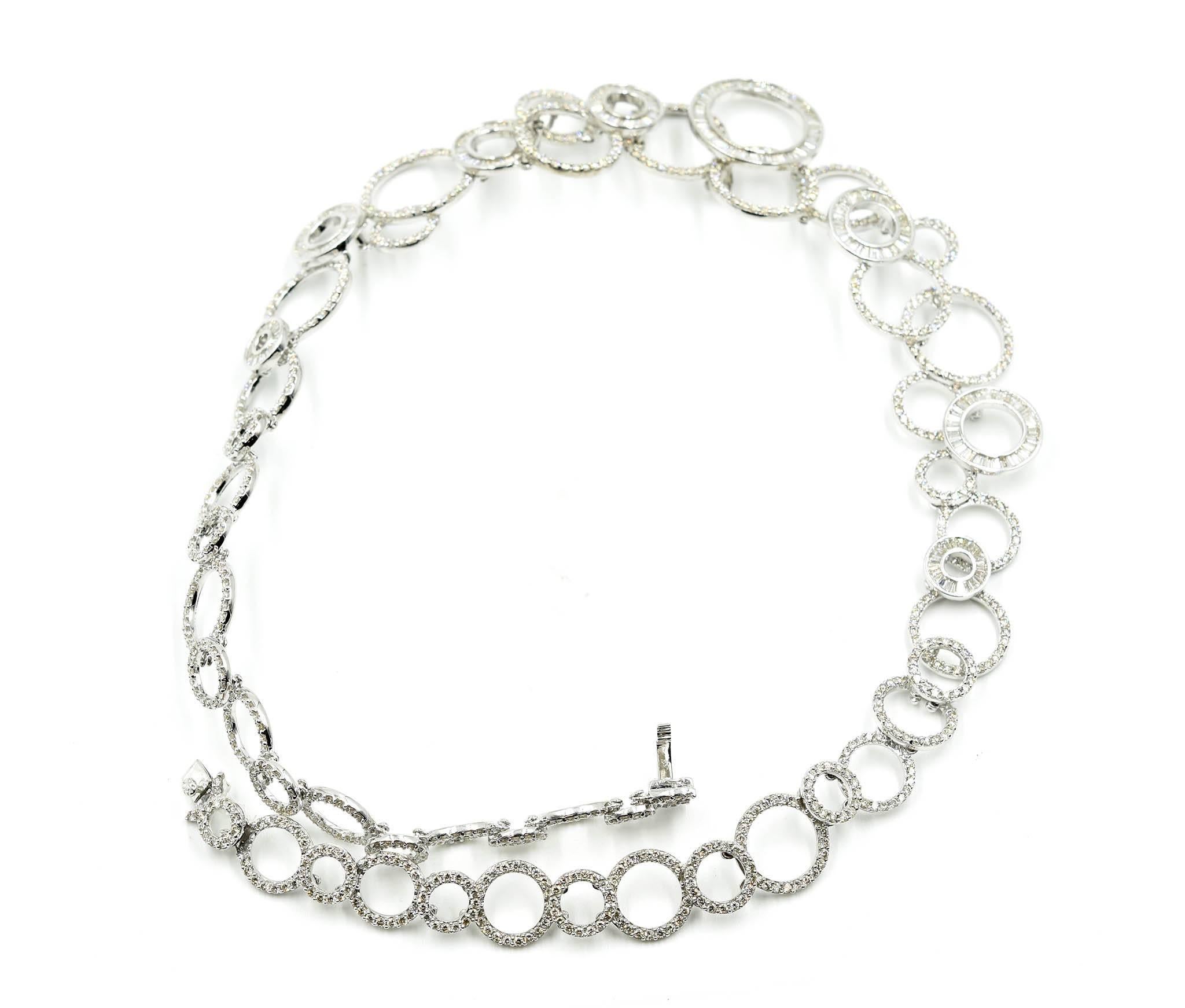Modern 18k White Gold, 13.44cttw Round and Baguette Diamond Circle Link Necklace