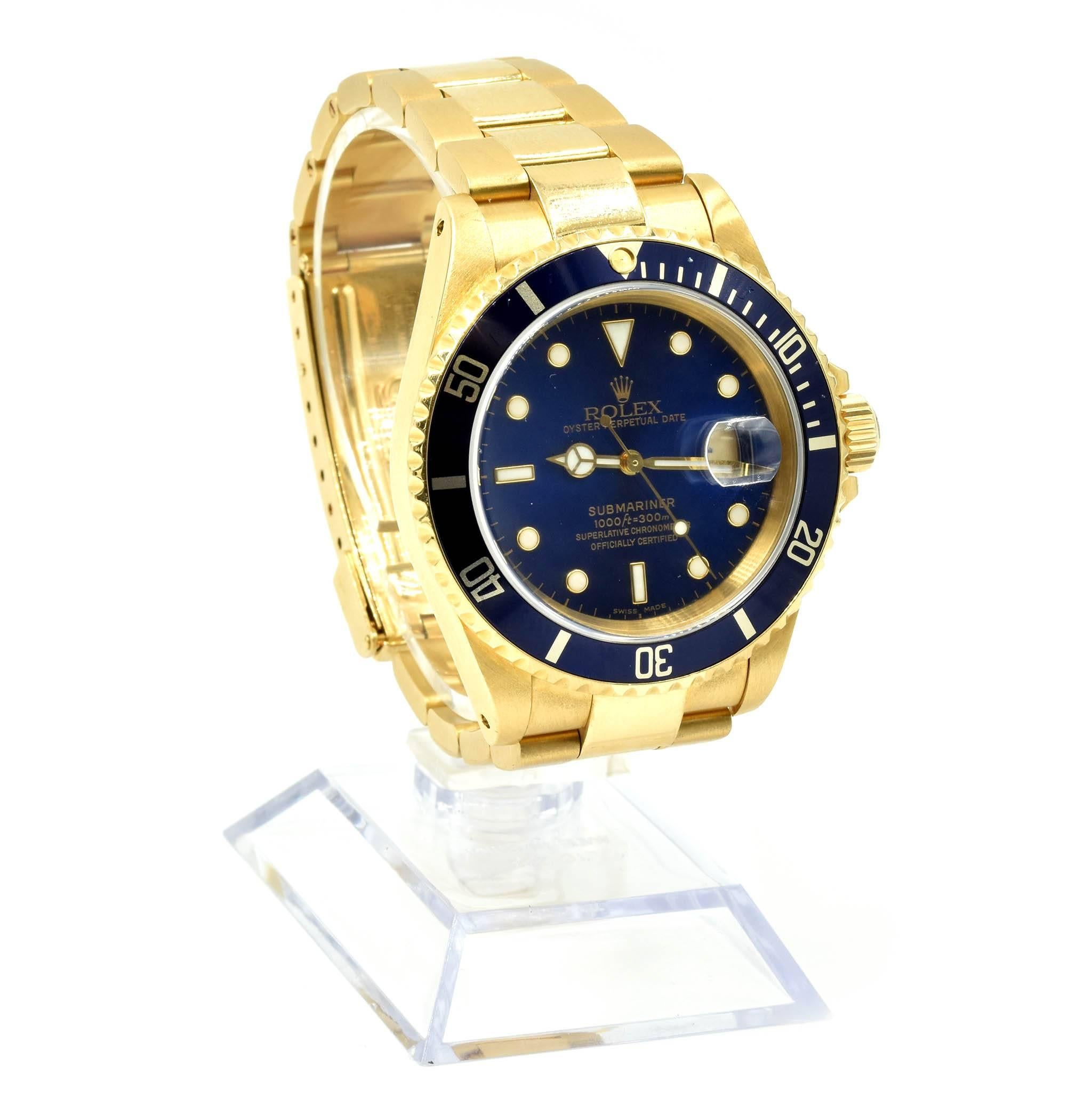 Movement: automatic 3135 movement
Function: hours, minutes, sweep seconds, date
Case: 40mm 18k yellow gold case and bezel with blue insert, sapphire crystal
Band: 18k yellow gold bracelet with fold-over clasp, fits up to a 7-inch wrist
Dial: blue