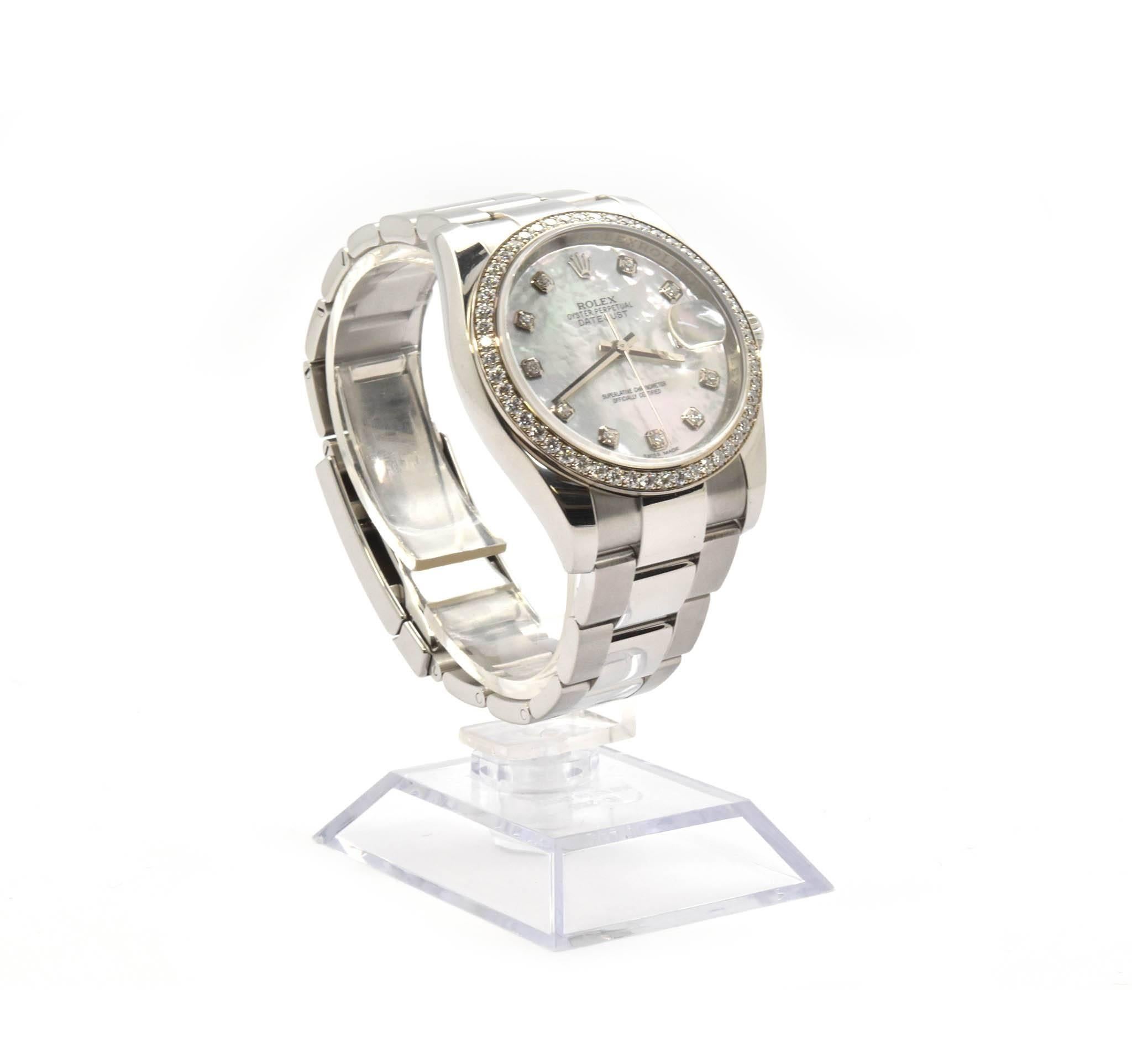 Movement: 3135 caliber automatic movement
Function: hours, minutes, seconds, date
Case: 36mm stainless steel case with factory diamond bezel in 18k white gold setting, screw-down crown, scratch resistant sapphire crystal, waterproof to 100