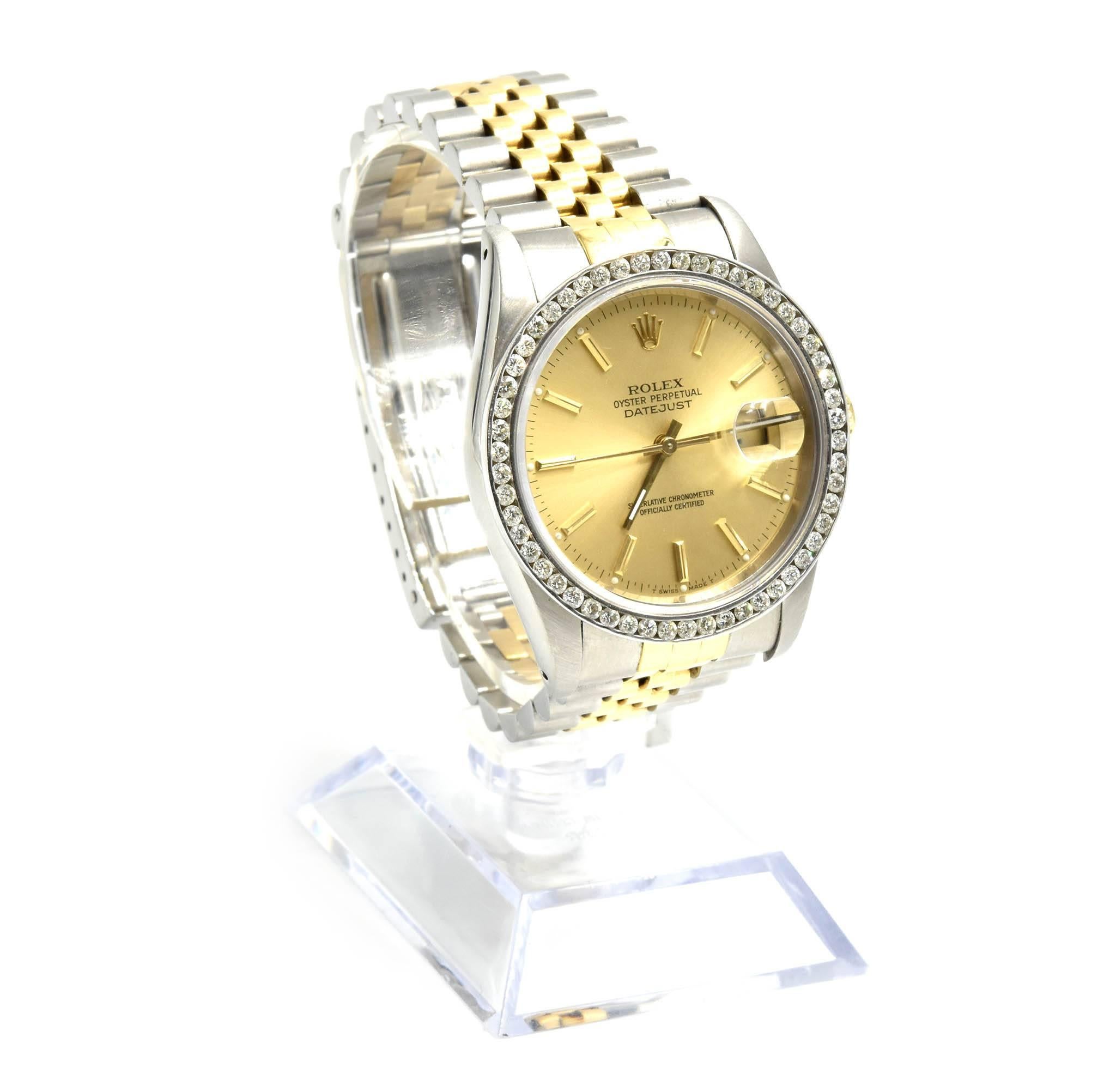 Movement: automatic
Function: hours, minutes, seconds, date 
Case: 36mm stainless steel round case with 18k white gold custom diamond bezel, sapphire protective crystal, screw-down crown, date bubble at 3 o’clock
Band: 18k yellow gold and stainless