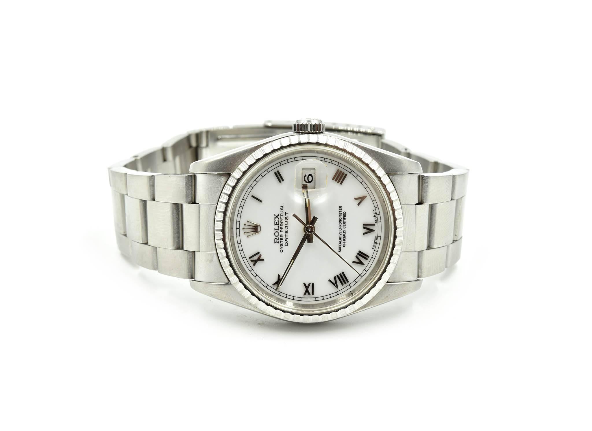 Contemporary Rolex Stainless Steel Datejust White Roman Dial automatic Wristwatch Ref 16220