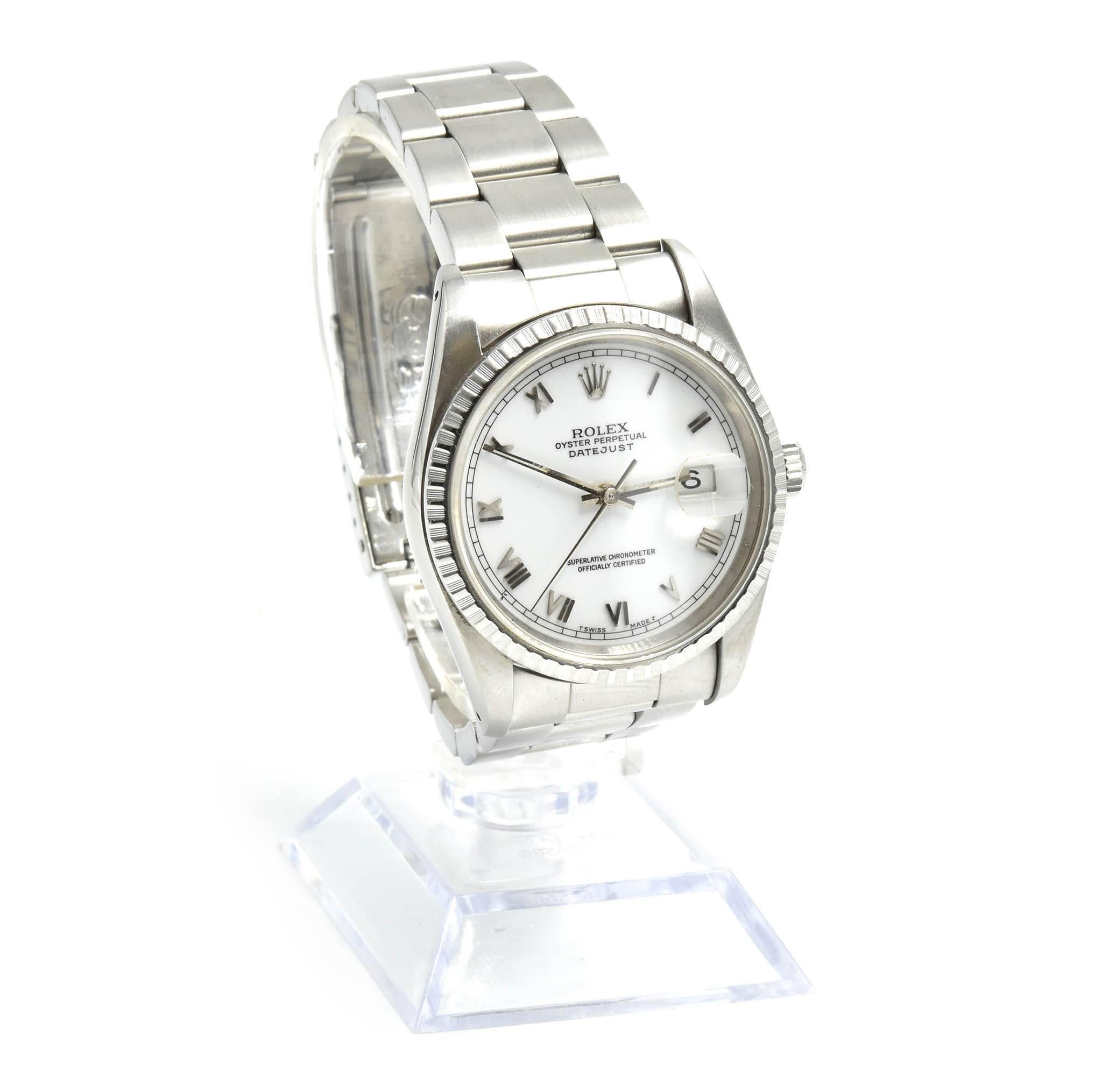 Movement: automatic
Function: hours, minutes, seconds, date
Case:	36mm steel case, sapphire crystal, fluted steel bezel, screw-down crown
Band: stainless steel oyster bracelet with fold over clasp
Dial: white roman white dial, steel luminescent