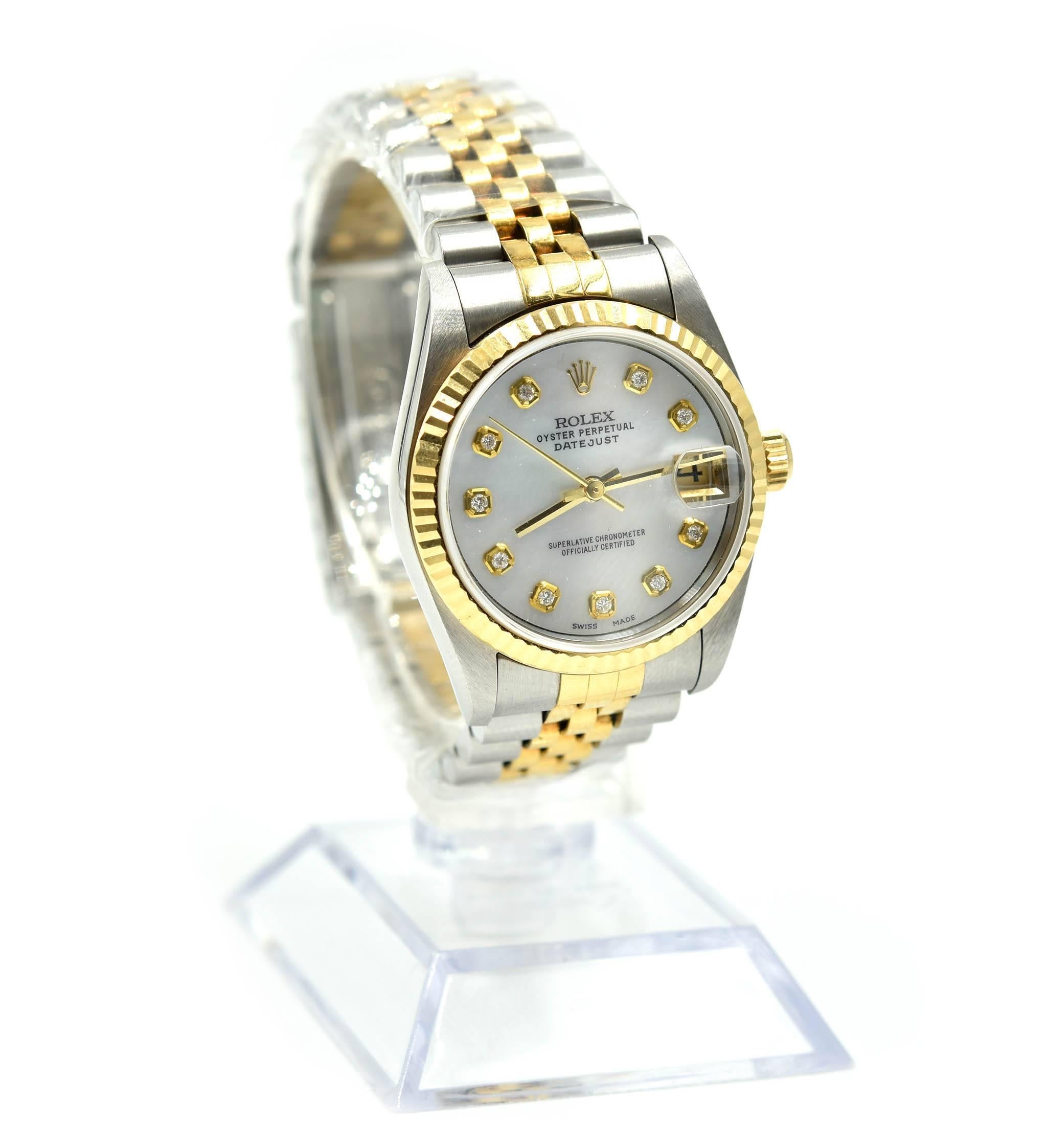 Movement: automatic
Function: hours, minutes, sweep seconds, date
Case: 31mm stainless steel case with 18k yellow gold bezel, sapphire protective crystal, date bubble at 3 o’clock, screw-down crown
Band: stainless steel and 18k yellow gold jubilee