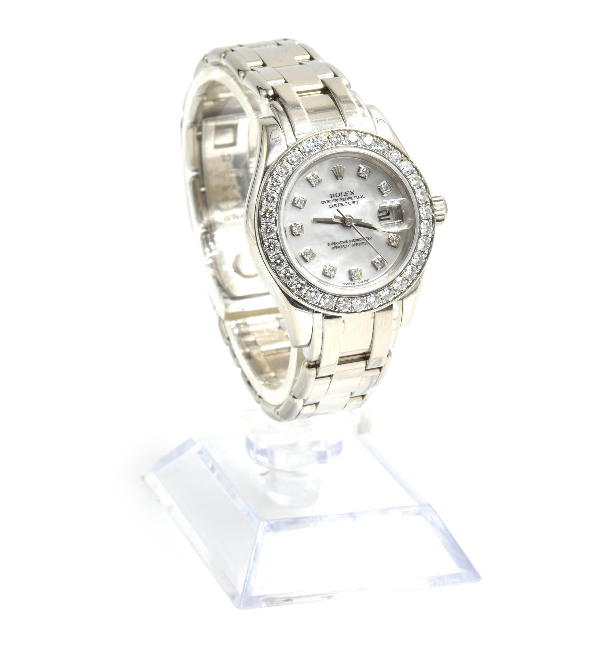 Movement: automatic
Function: hours, minutes, seconds, date
Case: 29mm 18k white gold case with white gold diamond set bezel, sapphire protective crystal, waterproof to 100 meters
Band: 18k white gold Pearlmaster rounded five-piece bracelet with