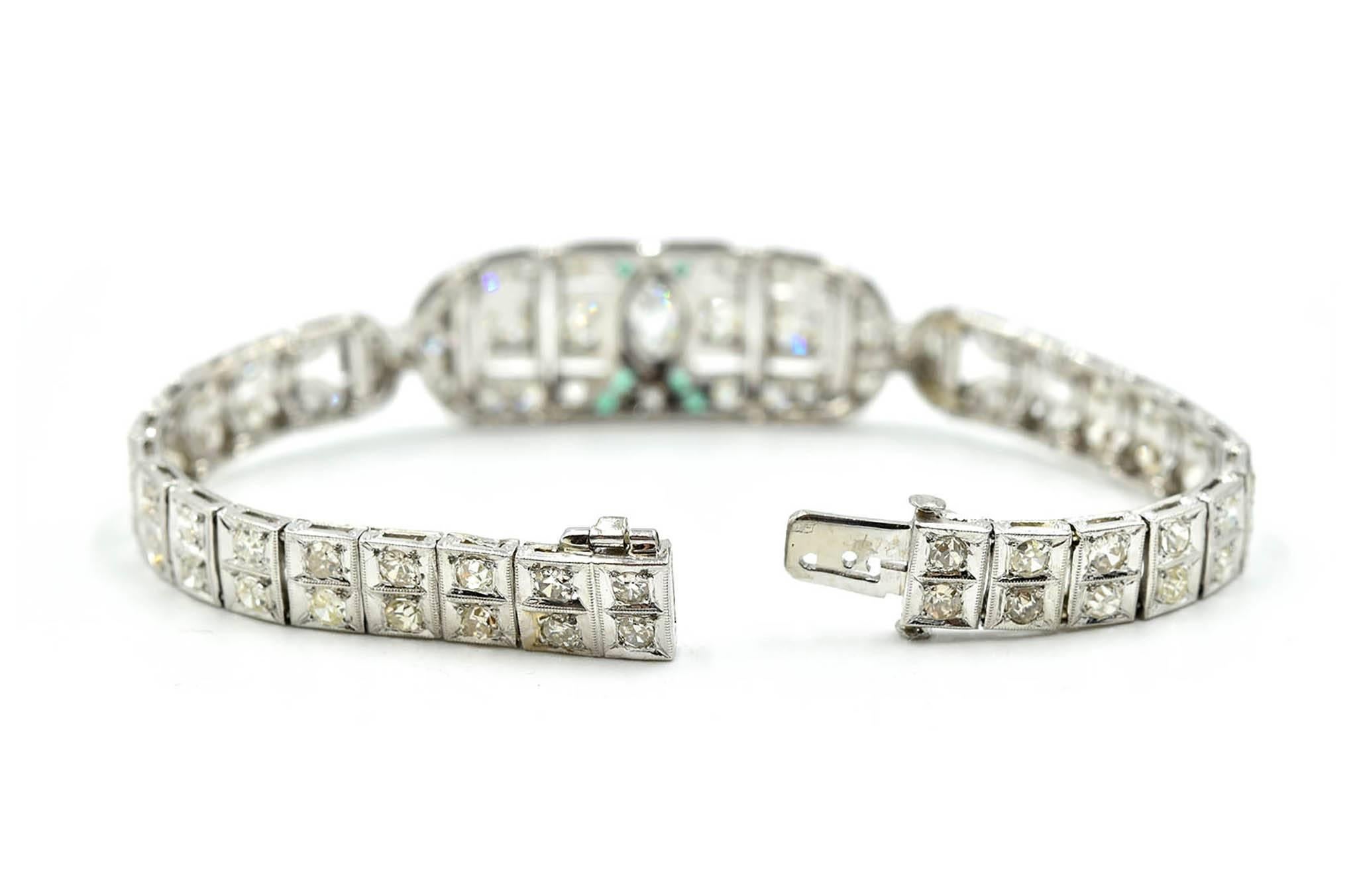 Antique Diamond Platinum Bracelet with 0.42 Carat Marquise Center Stone  In Excellent Condition In Scottsdale, AZ