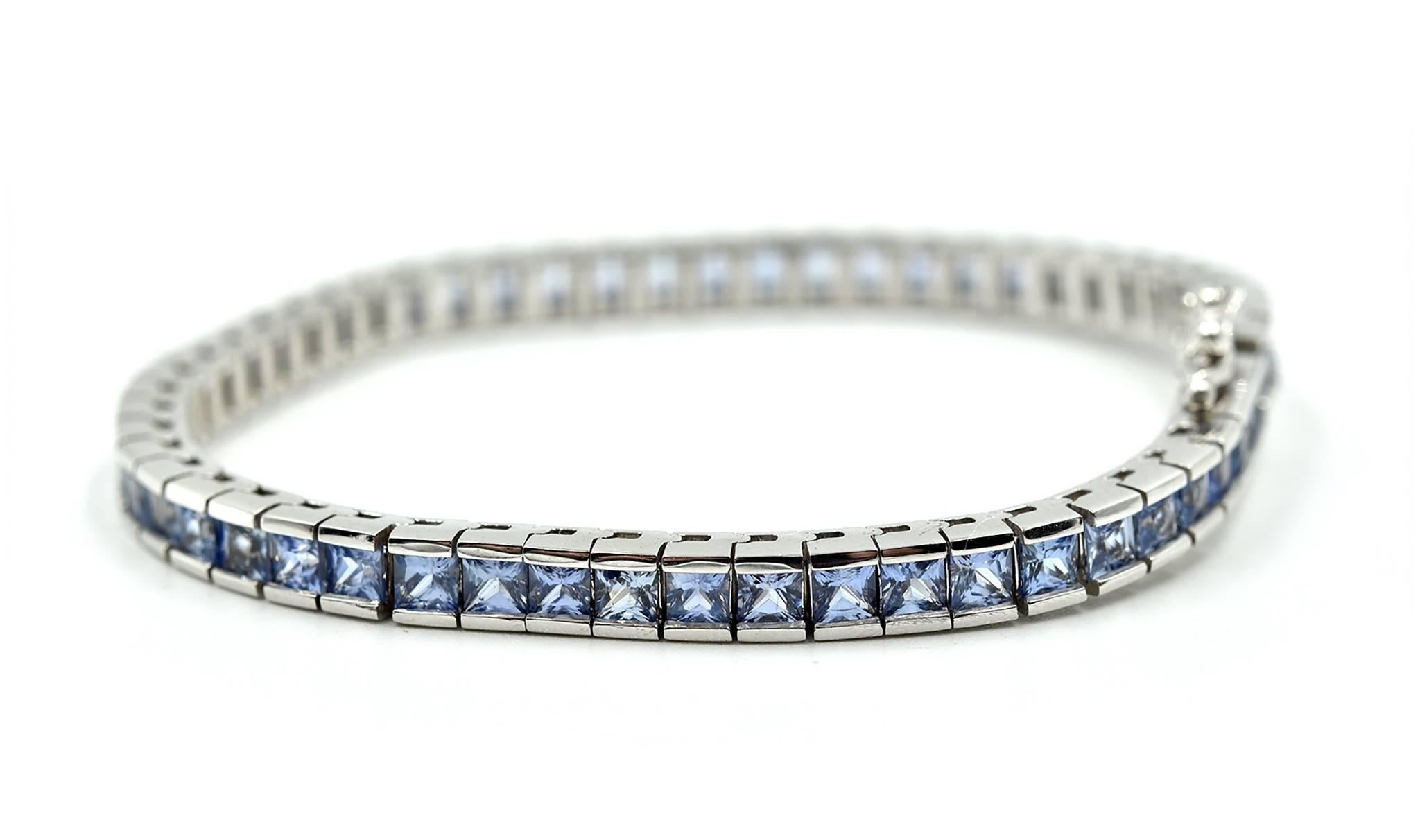 Modern Blue Sapphire In-Line Tennis Bracelet 14k White Gold