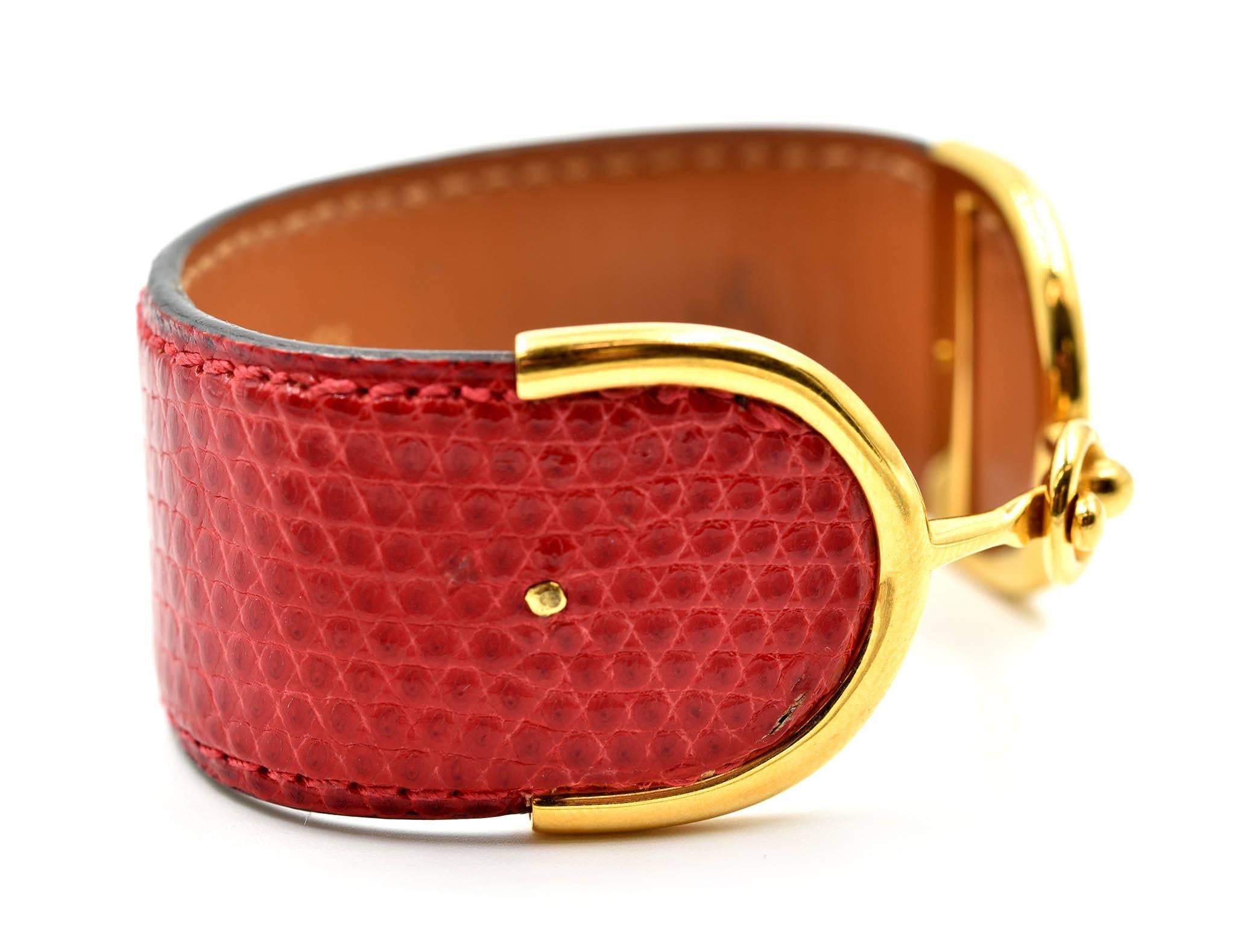 Designer: Hermes
Circa: 1960s
Material: 18k yellow gold with bright red reptile skin exterior
Dimensions: 6 ½ inches long and 1 inch wide
Weight: 76.10 grams
