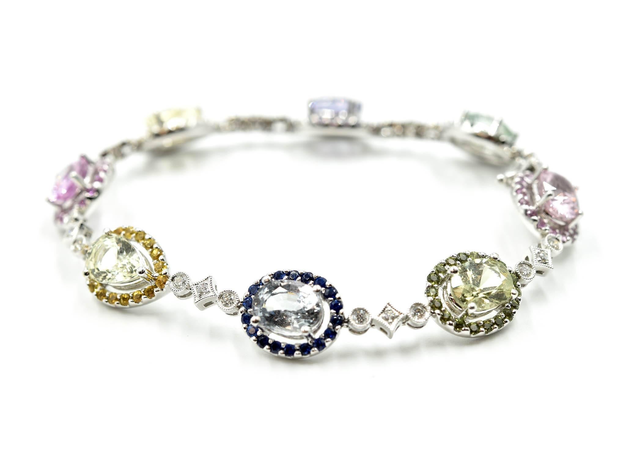 Modern Diamond and Colored Sapphire Bracelet 18k White Gold