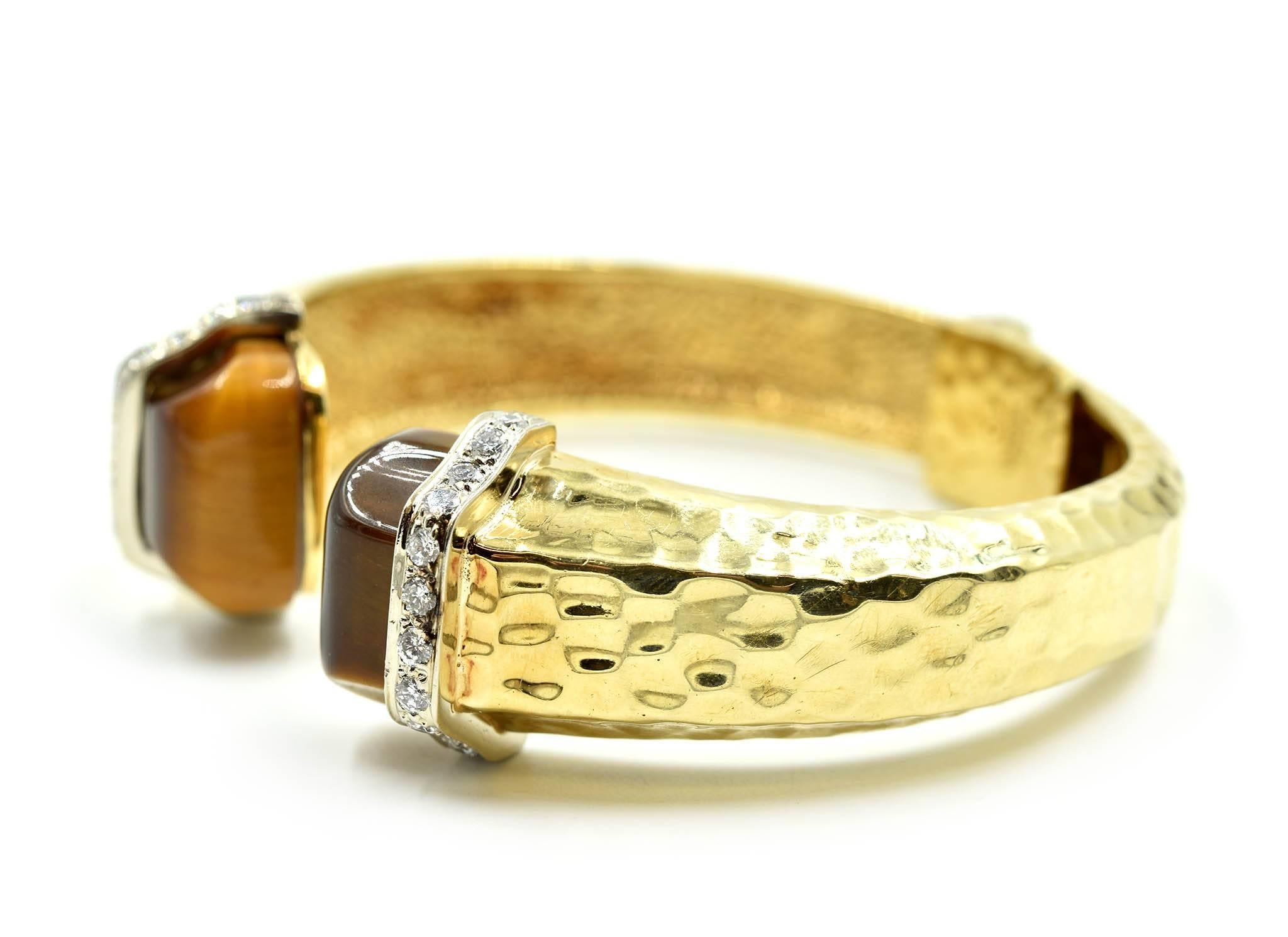 Bangle Bracelet Accented with Diamonds and Tigers Eye 18k Yellow Gold In Excellent Condition In Scottsdale, AZ