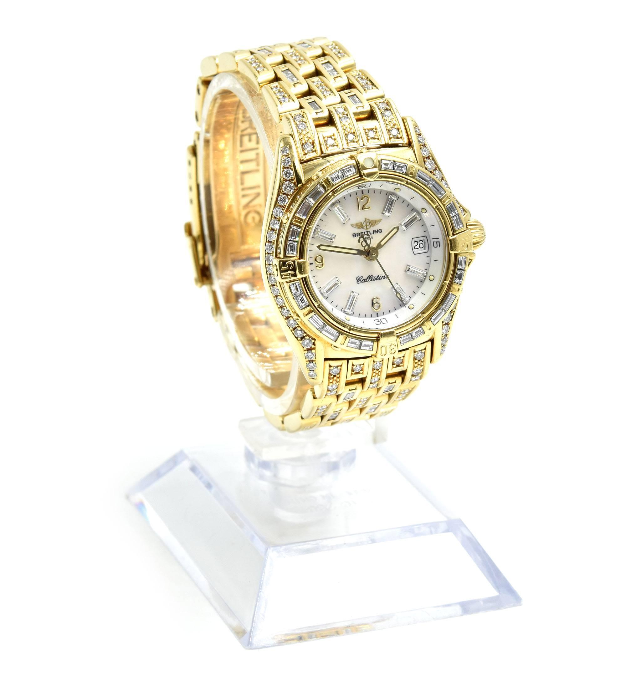 Movement: quartz
Function: hours, minutes, seconds, date
Case: 27mm 18k yellow gold case, factory uni-directional diamond set bezel, factory diamond case, sapphire protective crystal, screw-down crown
Band: factory mother of pearl dial with gold