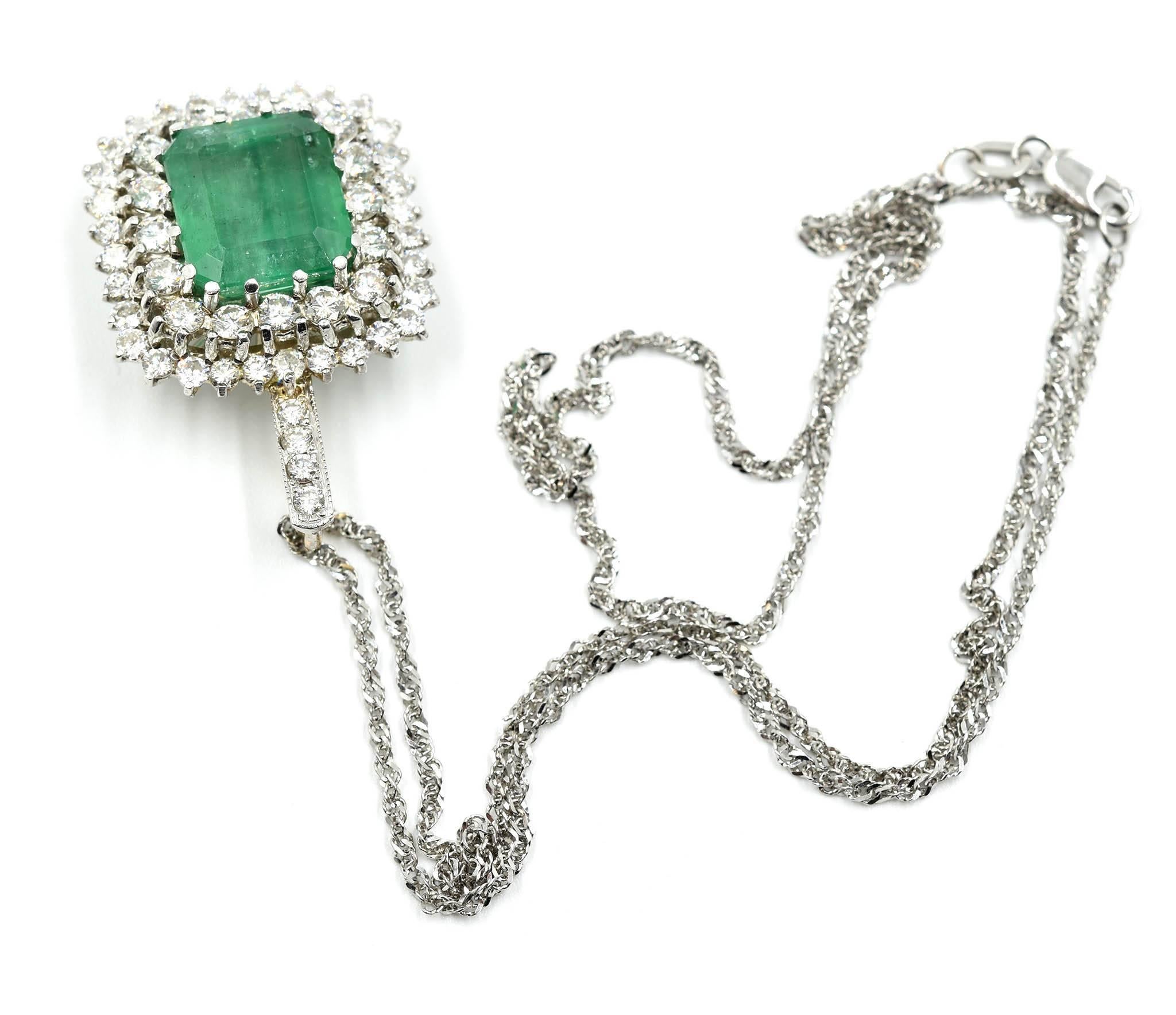 Cushion Cut 14 Karat White Gold 3.00 Carat Diamond and Emerald Pendant Necklace