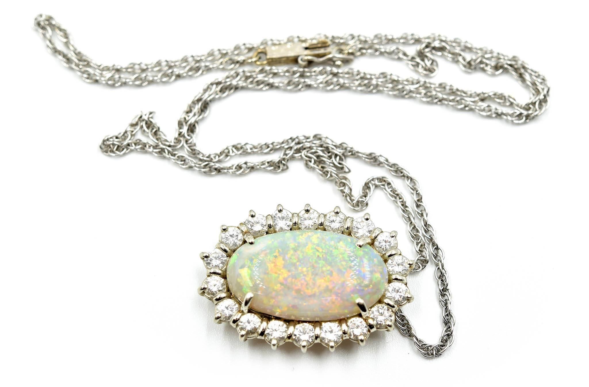 Women's 14 Karat White Gold, 1.80 Carat Diamond and Opal Pendant Necklace
