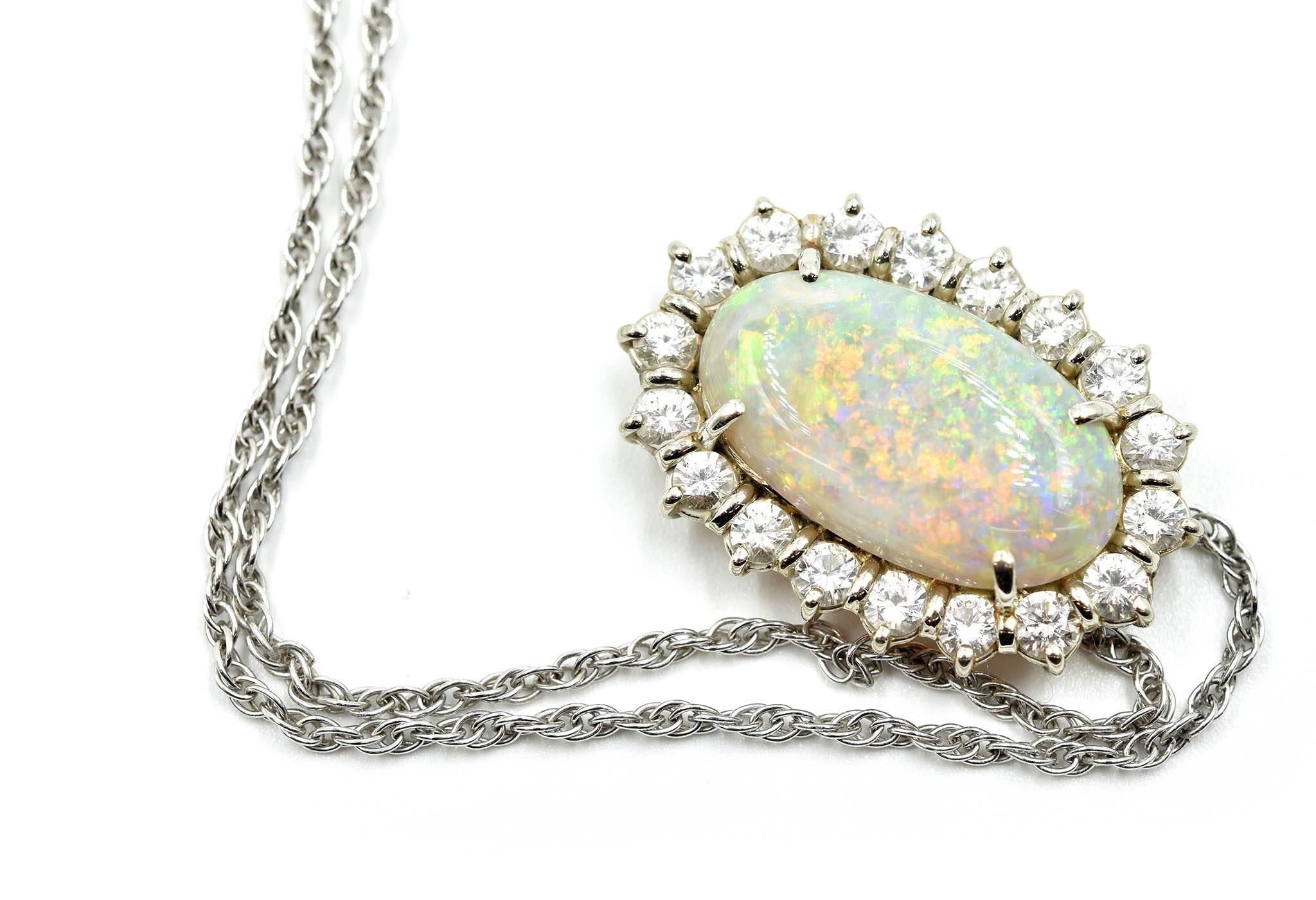 14 Karat White Gold, 1.80 Carat Diamond and Opal Pendant Necklace In Excellent Condition In Scottsdale, AZ