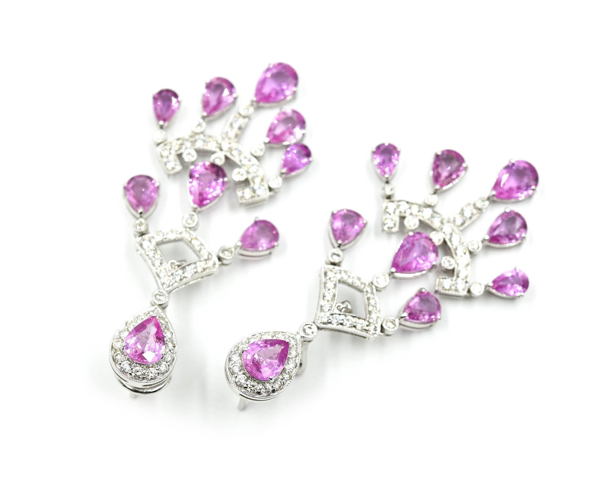 Pear Cut 18k White Gold 9.00cttw Pink Sapphire and Diamond Dangle Earrings