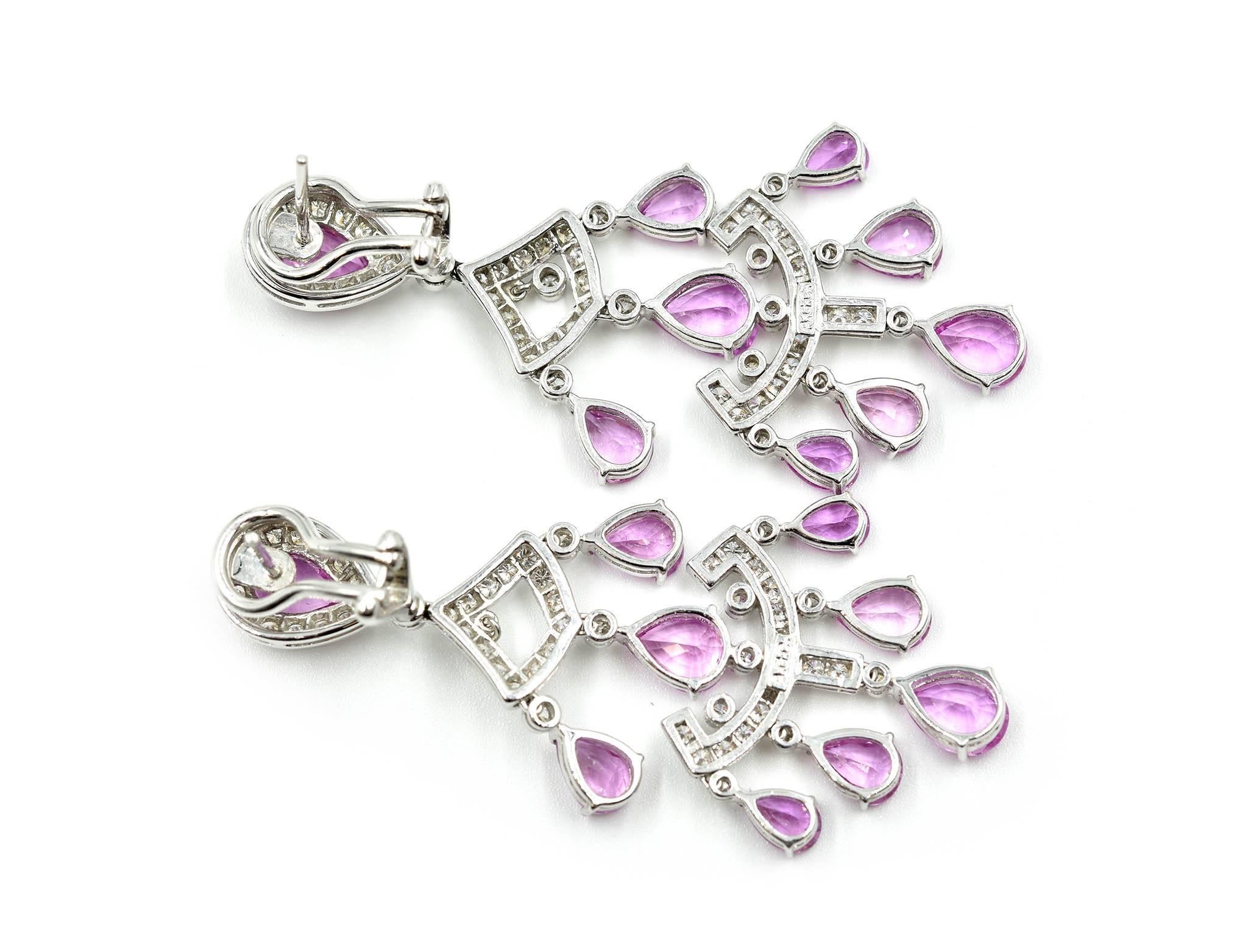 18k White Gold 9.00cttw Pink Sapphire and Diamond Dangle Earrings In Excellent Condition In Scottsdale, AZ