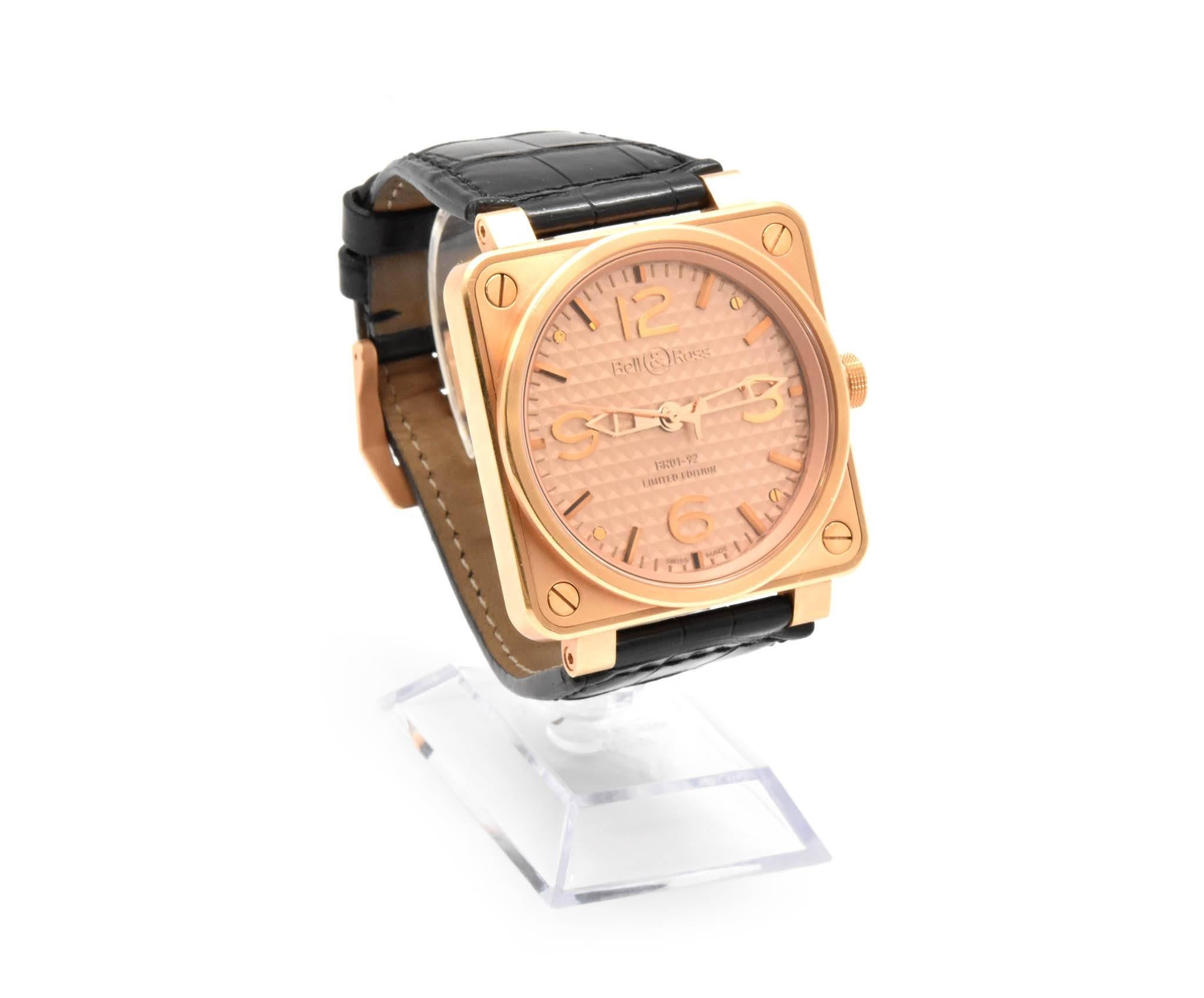 Movement: automatic 
Function: hours, minutes, sweep seconds 
Case: 44mm 18k rose gold case, sapphire crystal, water resistant 
Band: black leather Bell & Ross strap with 18k rose gold tang buckle 
Dial: rose dial, rose hands and hour markers