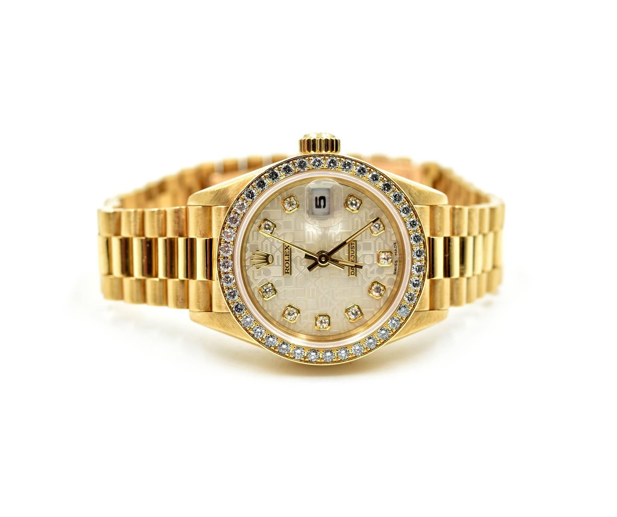 Round Cut Rolex Ladies Yellow Gold Diamond President automatic Wristwatch Ref 69138