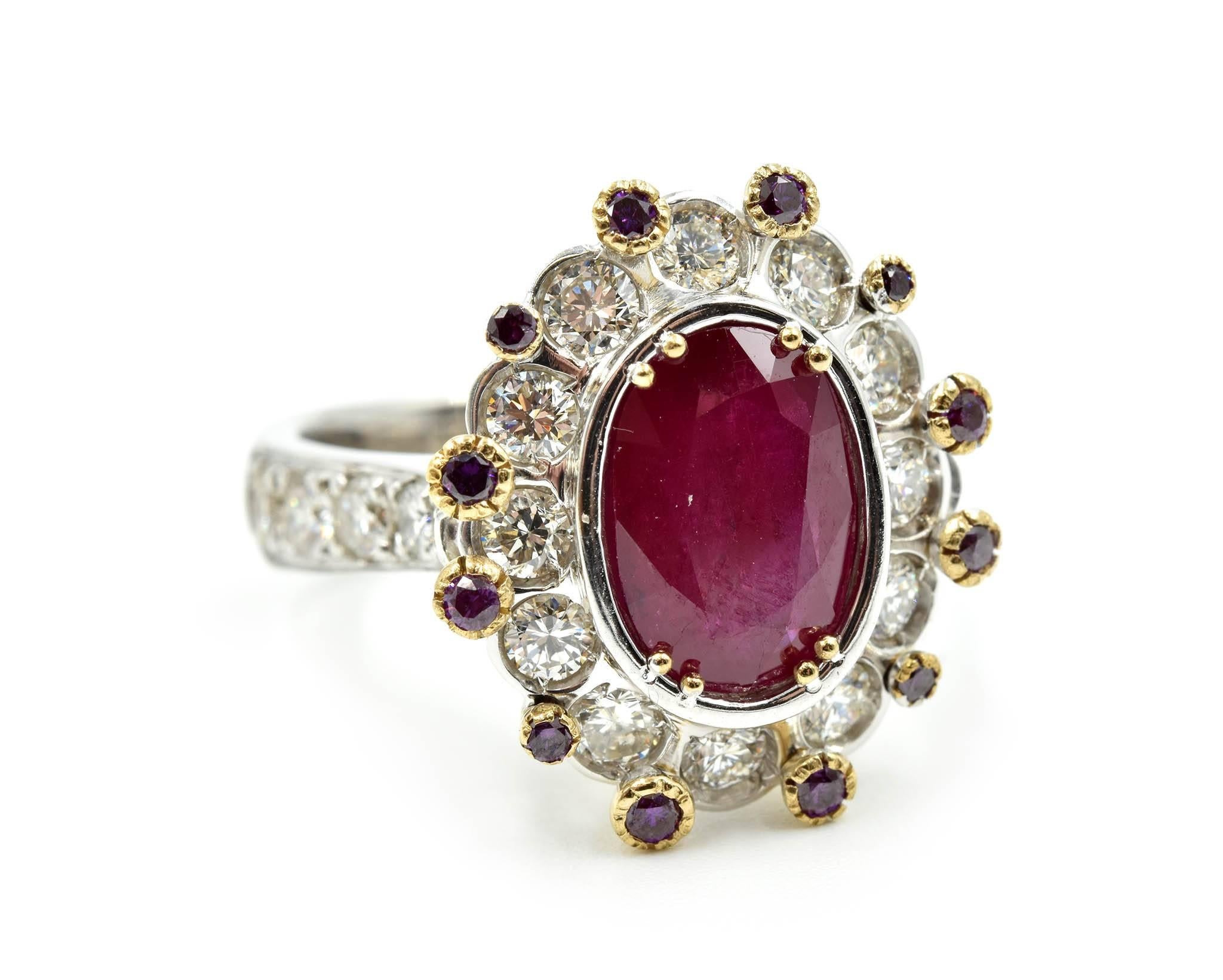 Contemporary Natural Burma Ruby, Purple and White Diamond Ring