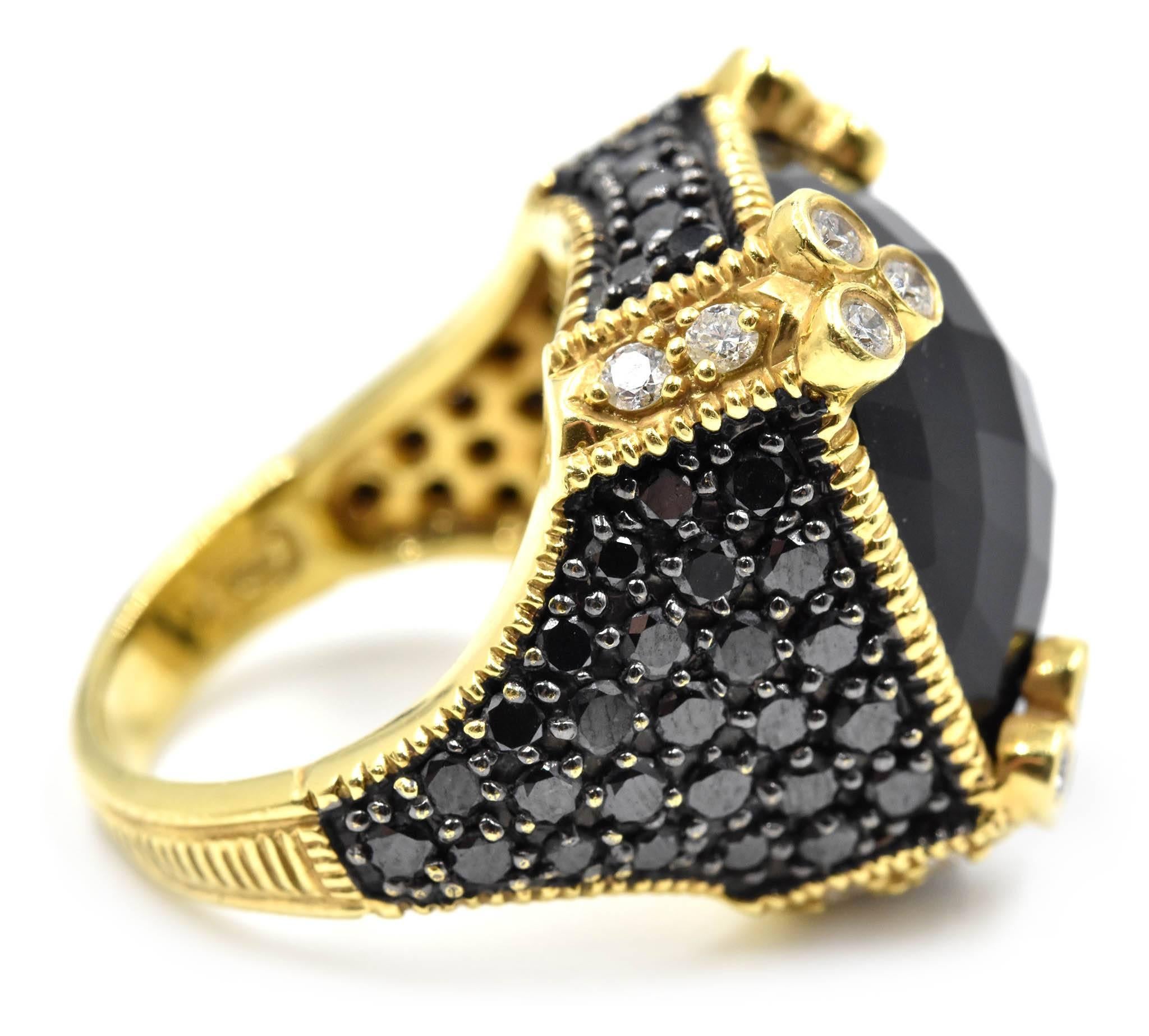 Designer: Judith Ripka
Material: 18k yellow gold
Center Stone: checkerboard faceted black onyx gemstone
Black Diamonds: 54 round brilliants = 1.62 carat total weight
White Diamonds: 20 round brilliants = 0.40 carat total weight
Color: G-H
Clarity:
